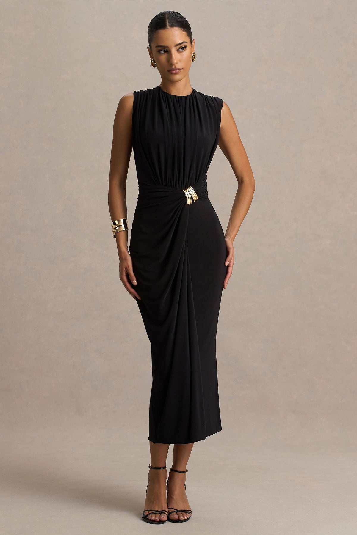 Harlow Black Crew-Neck Wrapped Midi Dress Club L London - UK Harlow Black Crew-Neck Wrapped Midi Dress Club L London - UK