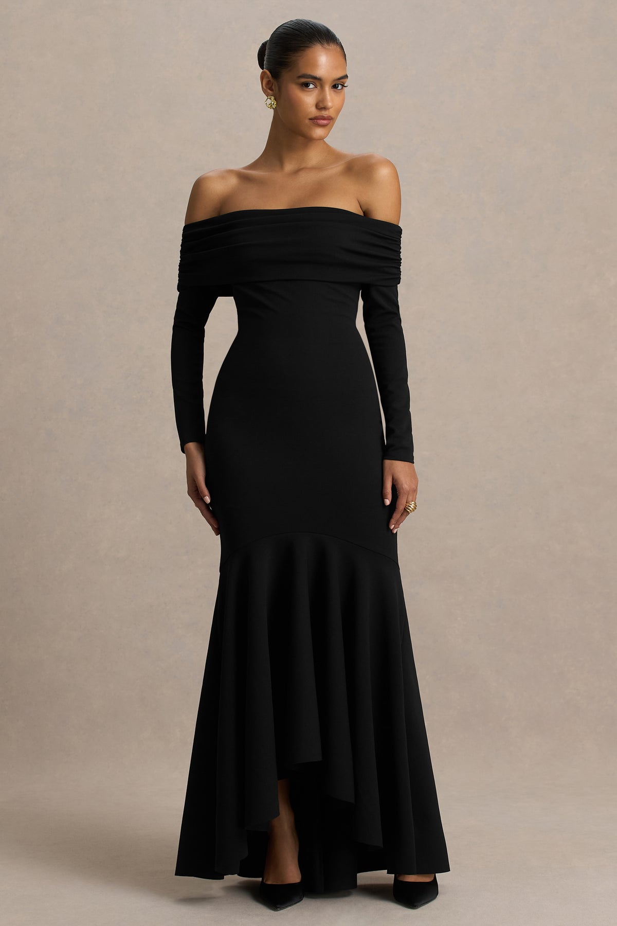 Black Bardot-Neck Maxi Dress with Pleated Detailing
