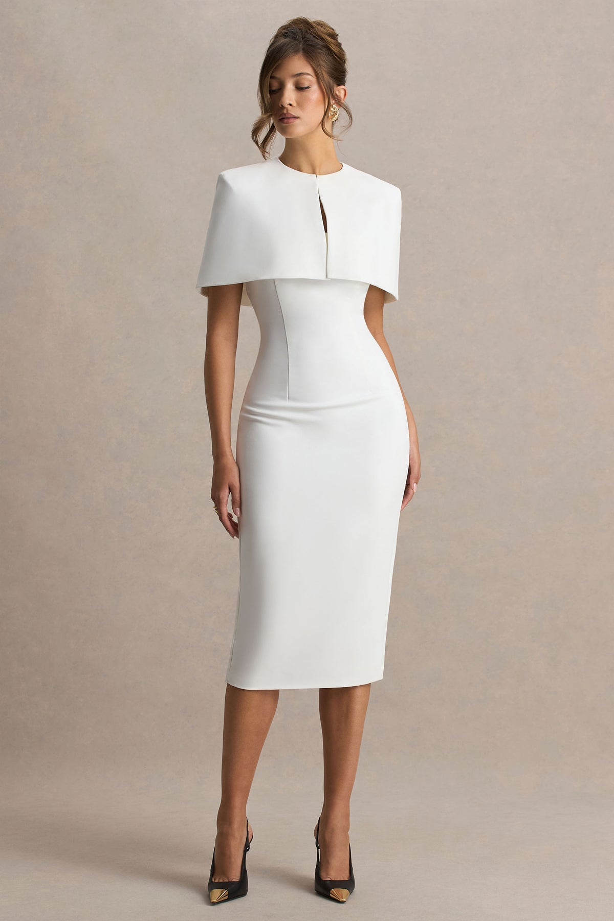 Baylor White Midi Dress with Removable Cape