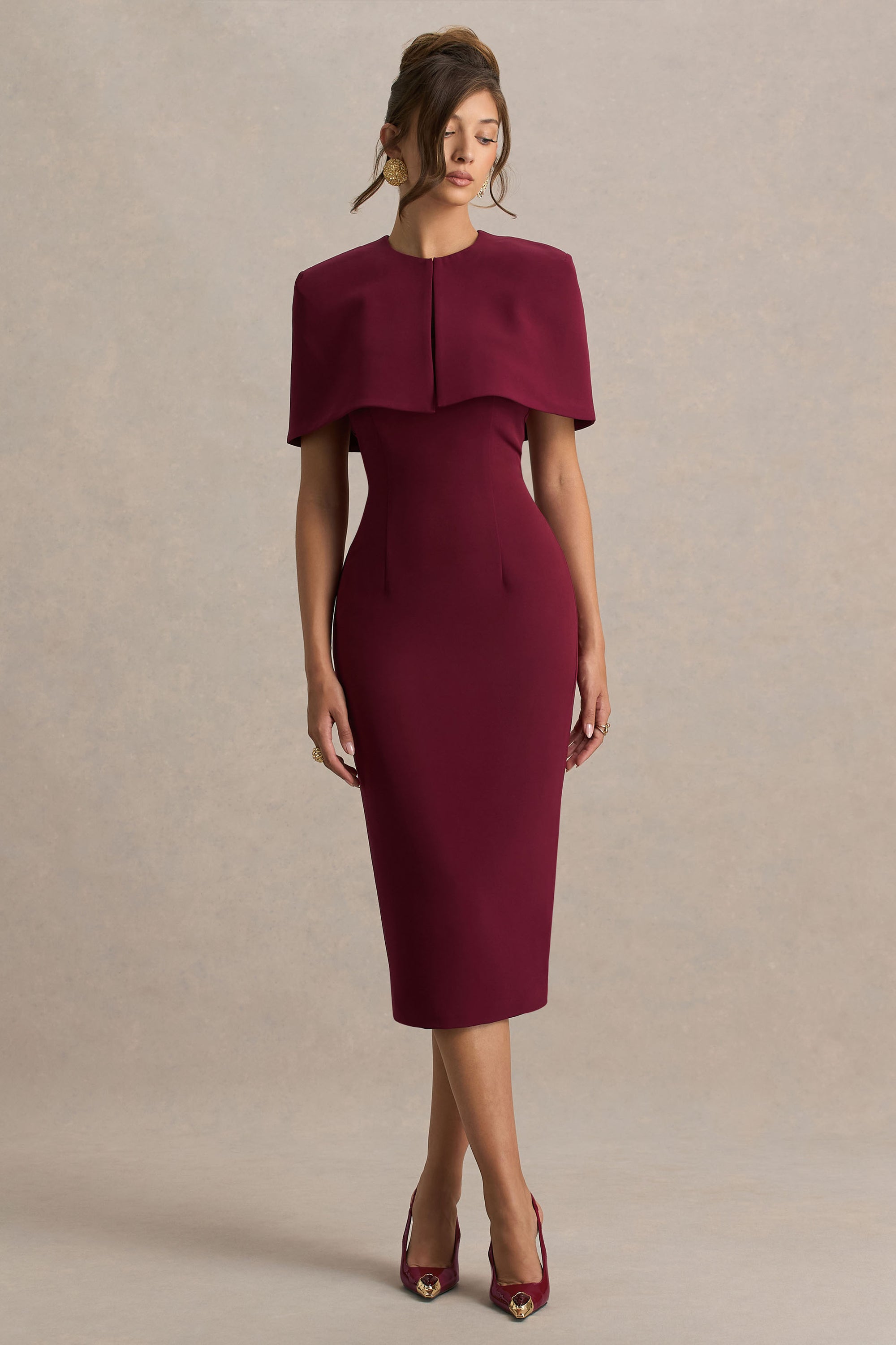 Baylor | Burgundy Midi-Dress With Removable Cape – Club L London
