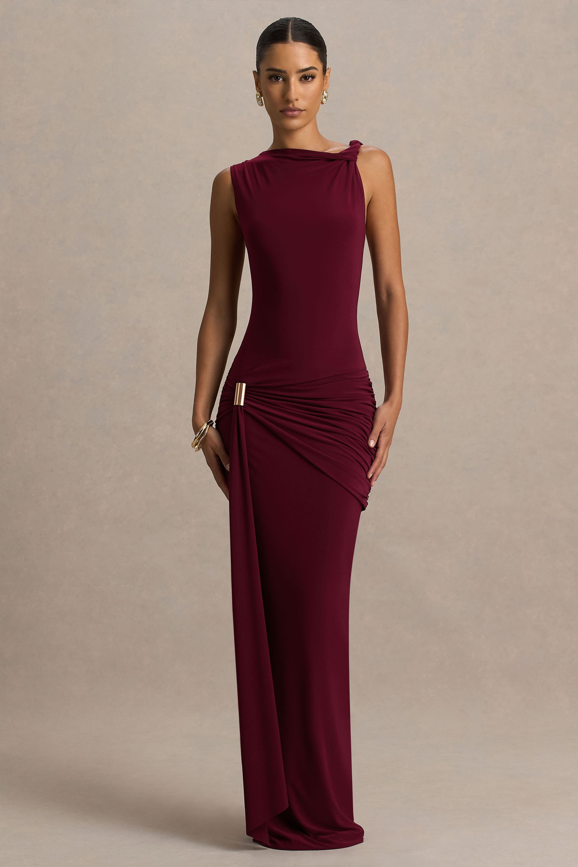 Decadence | Burgundy High-Neck Wrapped Maxi Dress With Twist-Sleeve – Club L London