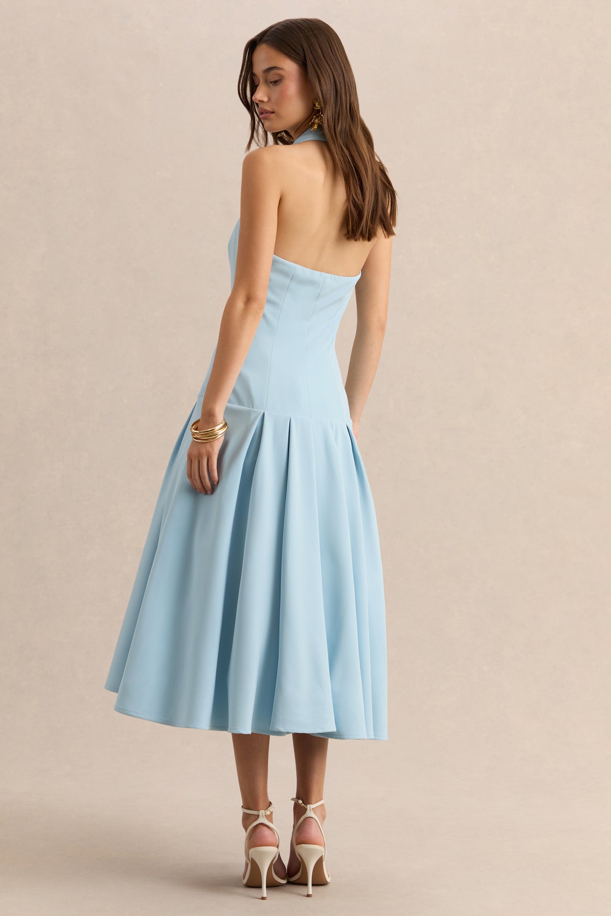Elise Powder Blue Plunge-Neck Midi Dress With Drop-Waist – Club L