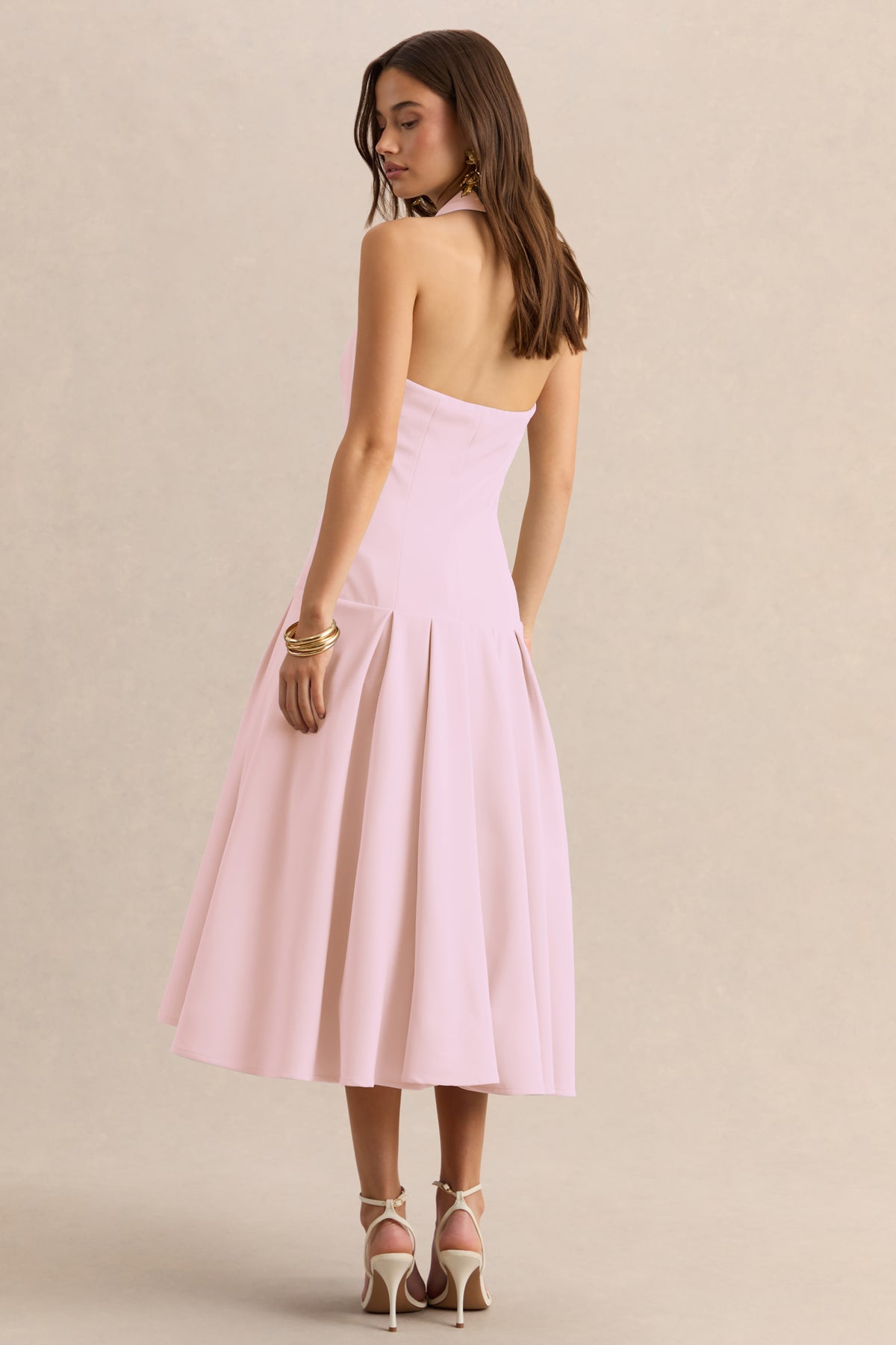 Elise Light Pink Plunge-Neck Midi Dress With Drop-Waist Club L London - UK Elise Light Pink Plunge-Neck Midi Dress With Drop-Waist Club L London - UK