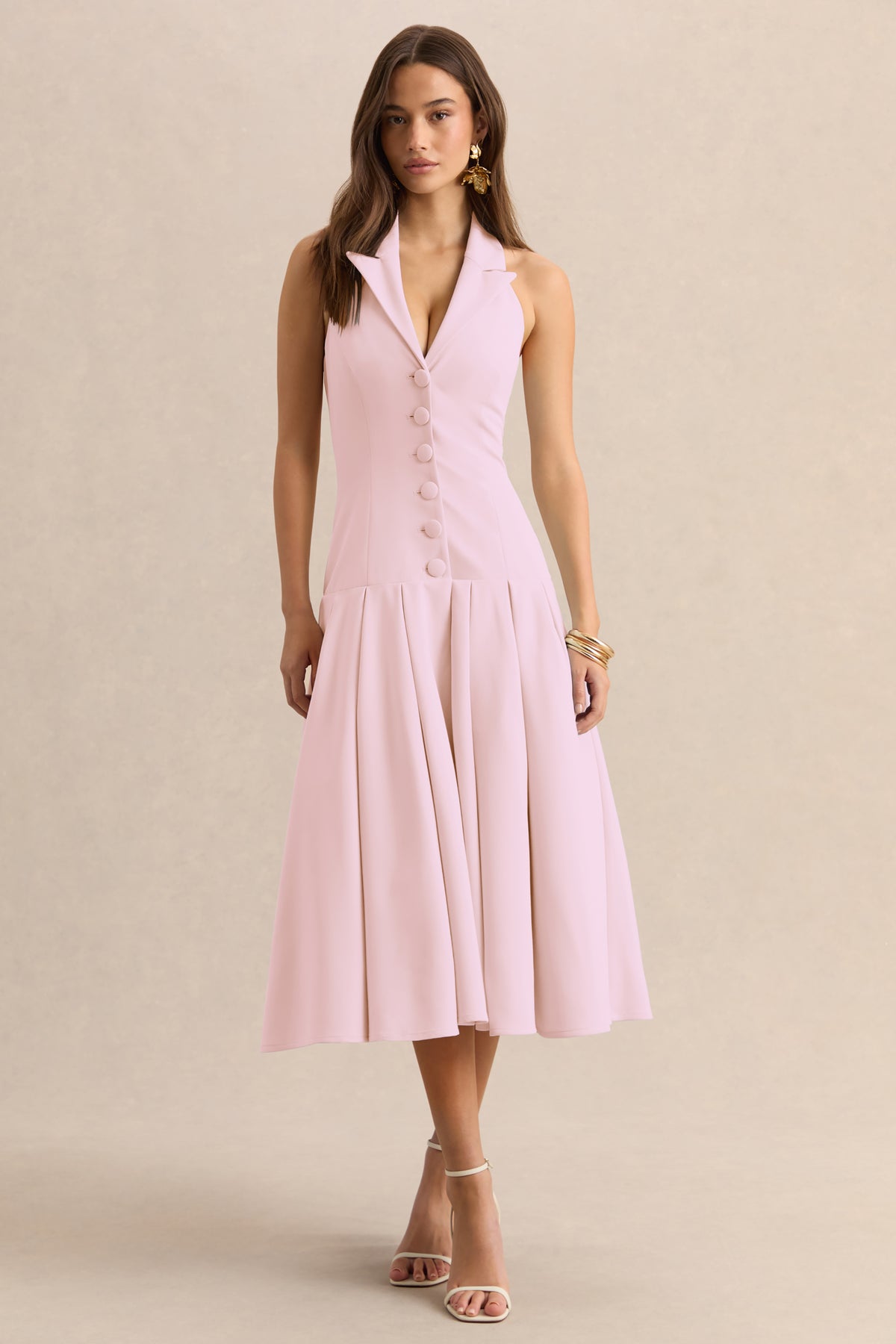 Elise Light Pink Plunge-Neck Midi Dress With Drop-Waist – Club L London
