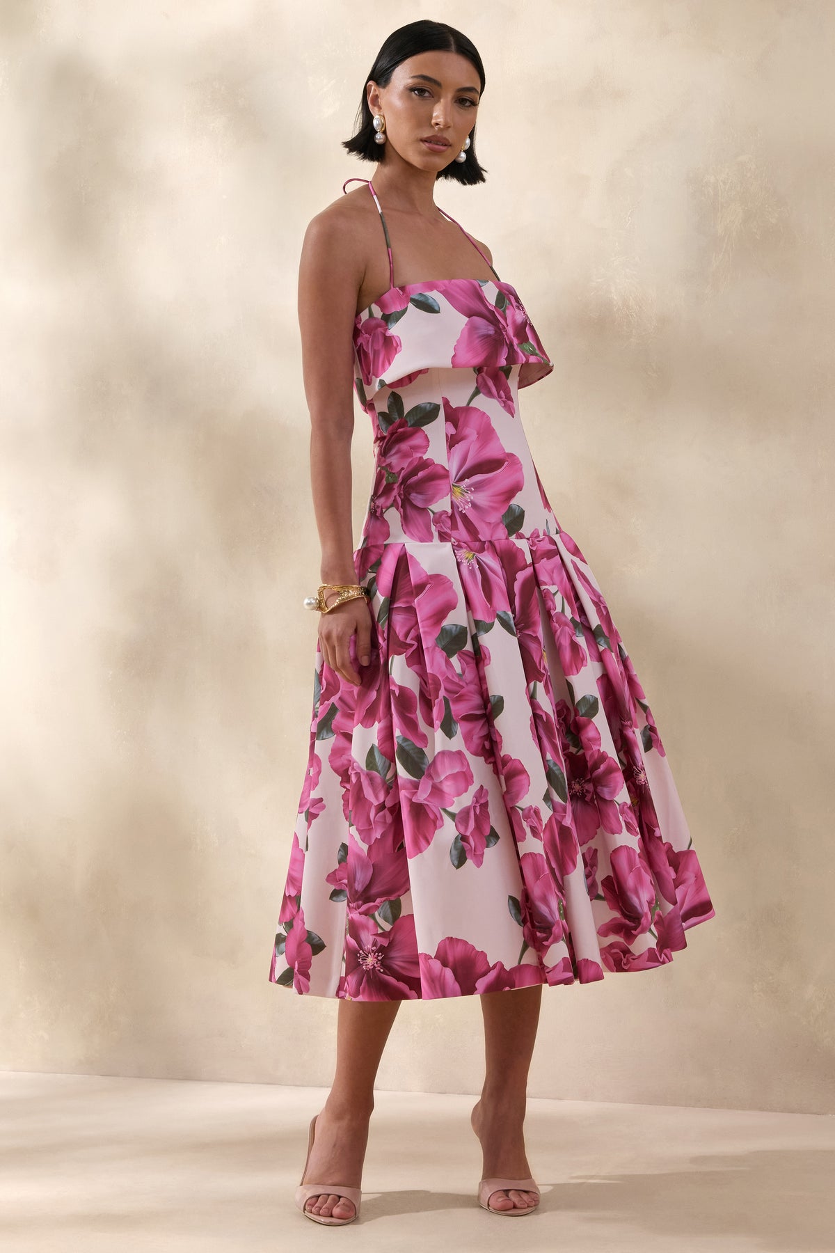 Sylina Pink Hibiscus Floral Print Square-Neck Midi Dress With Drop W