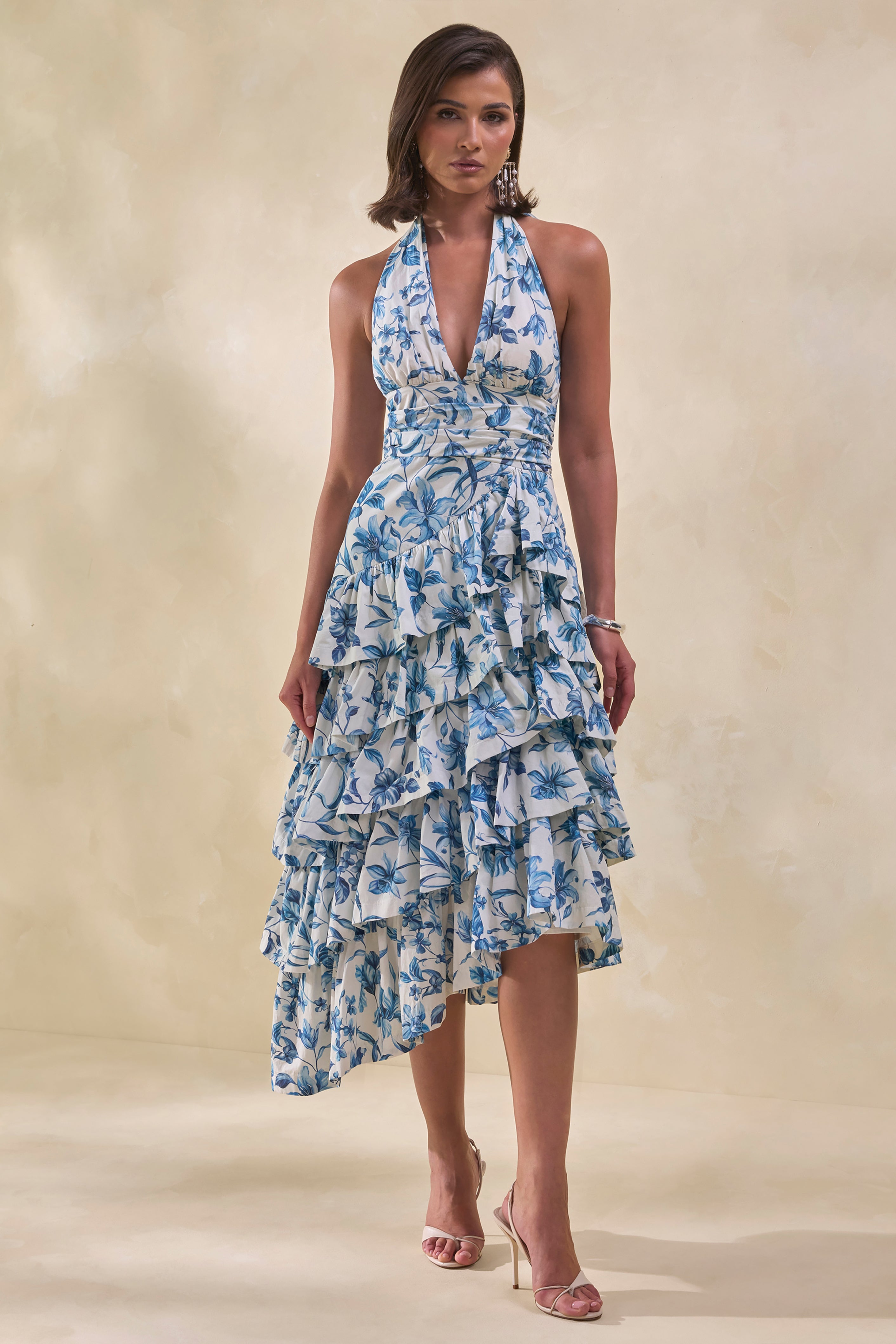 Velora | Blue Porcelain Print Asymmetric-Neck Midi Dress With