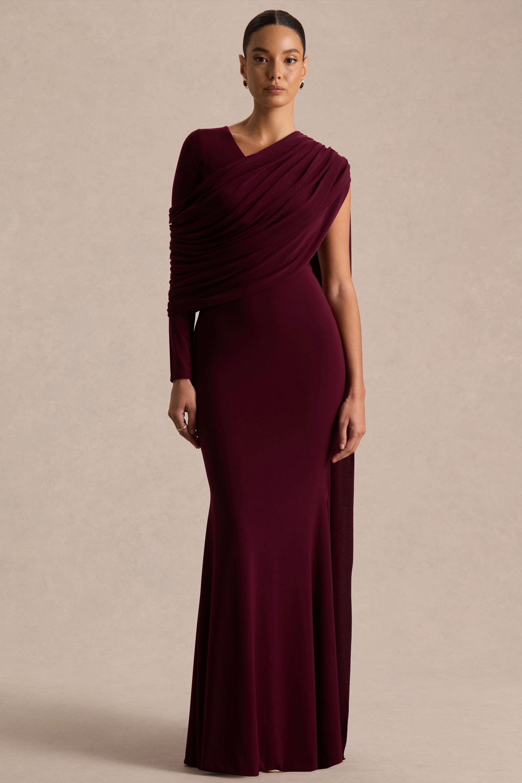 Rubelle | Burgundy Asymmetric Neck Maxi Dress With Draped Detailing – Club L London
