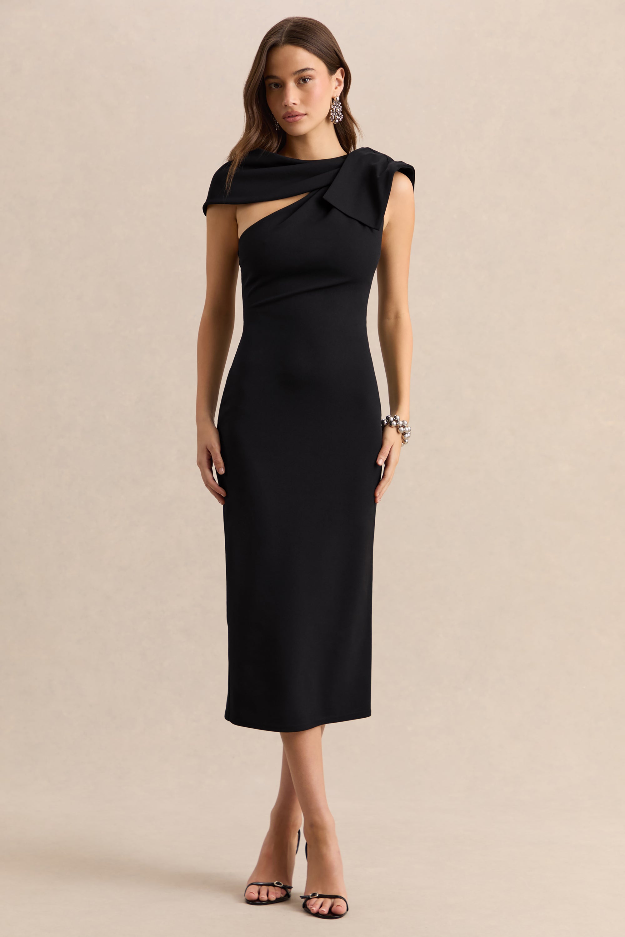 Clarina | Black Asymmetric-Neck Midi Dress With Bow-Detail – Club L London