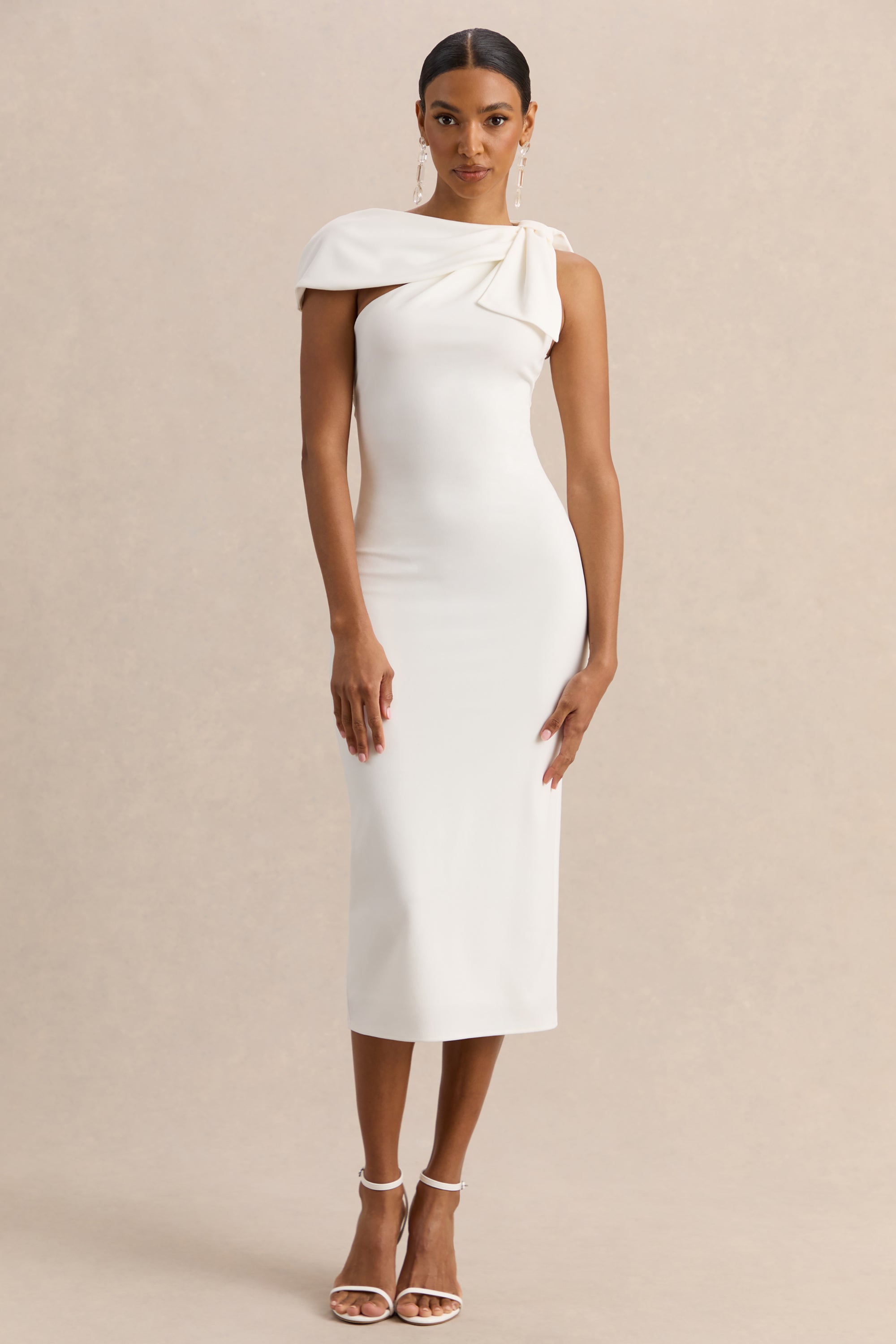 white asymmetric midi dress Arrabel Tiered Ruffle Asymmetric Midi Dress White