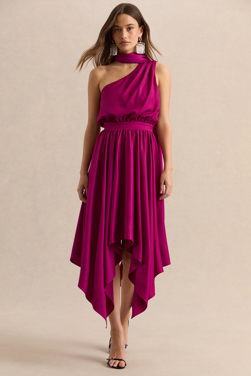 adrina dark pink draped one shoulder midi dress Adrina | Dark Pink Draped One Shoulder Midi Dress – Club L London