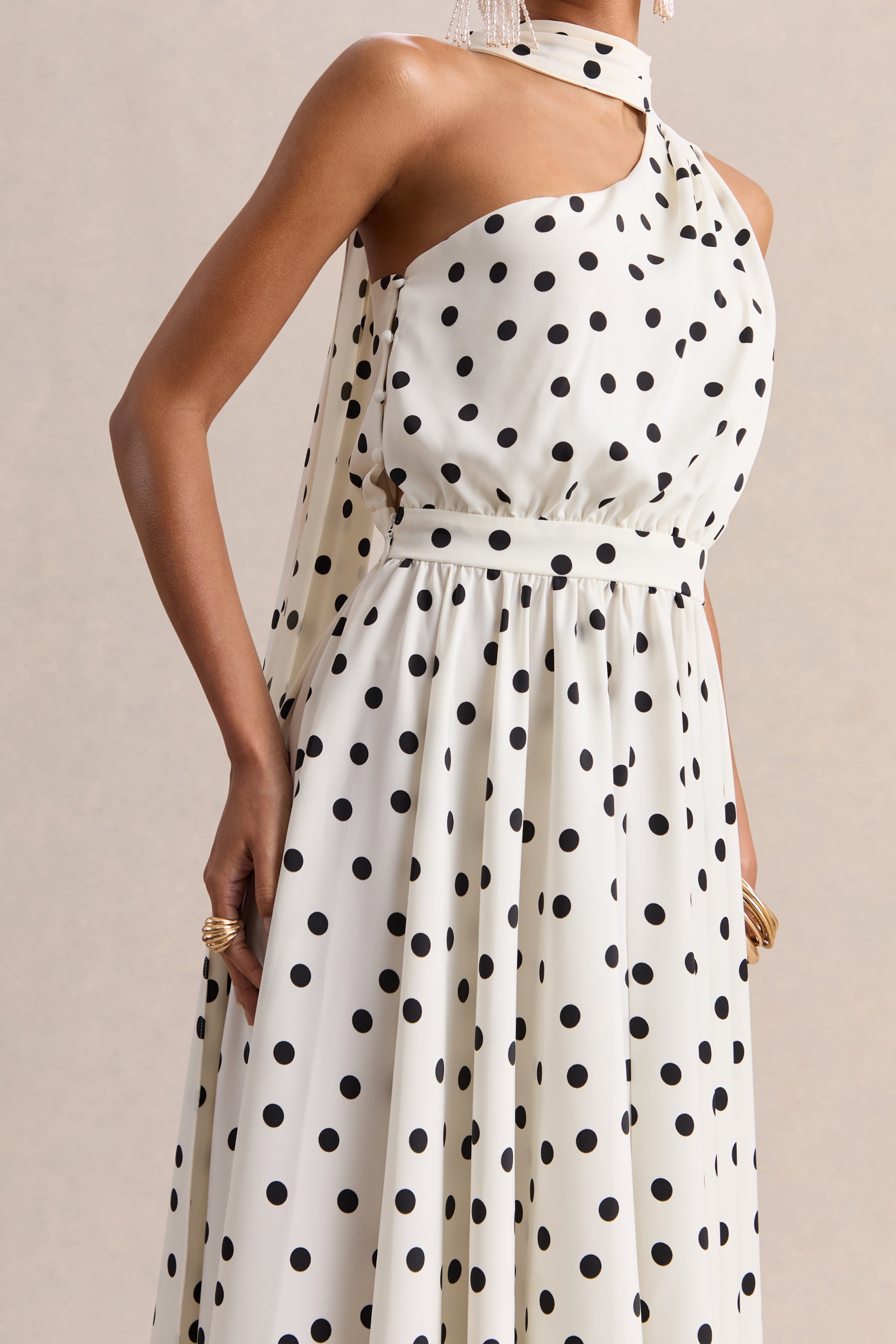 Caluna | White And Black Polka Dot Satin Asymmetric-Neck Midi Dress Wi – Club L London
