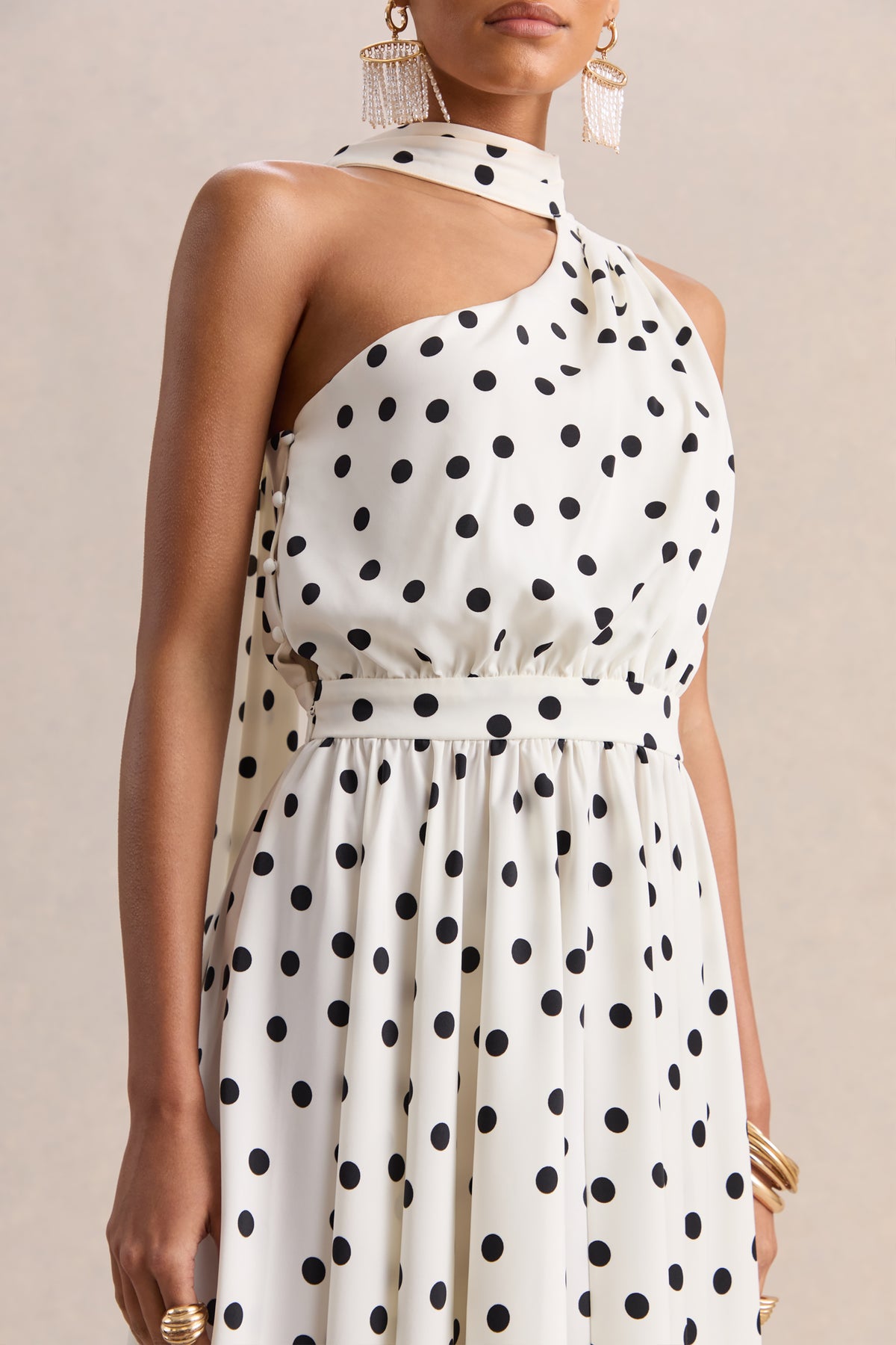 Caluna White And Black Polka Dot Satin Asymmetric-Neck Midi Dress Wi – Club  L London