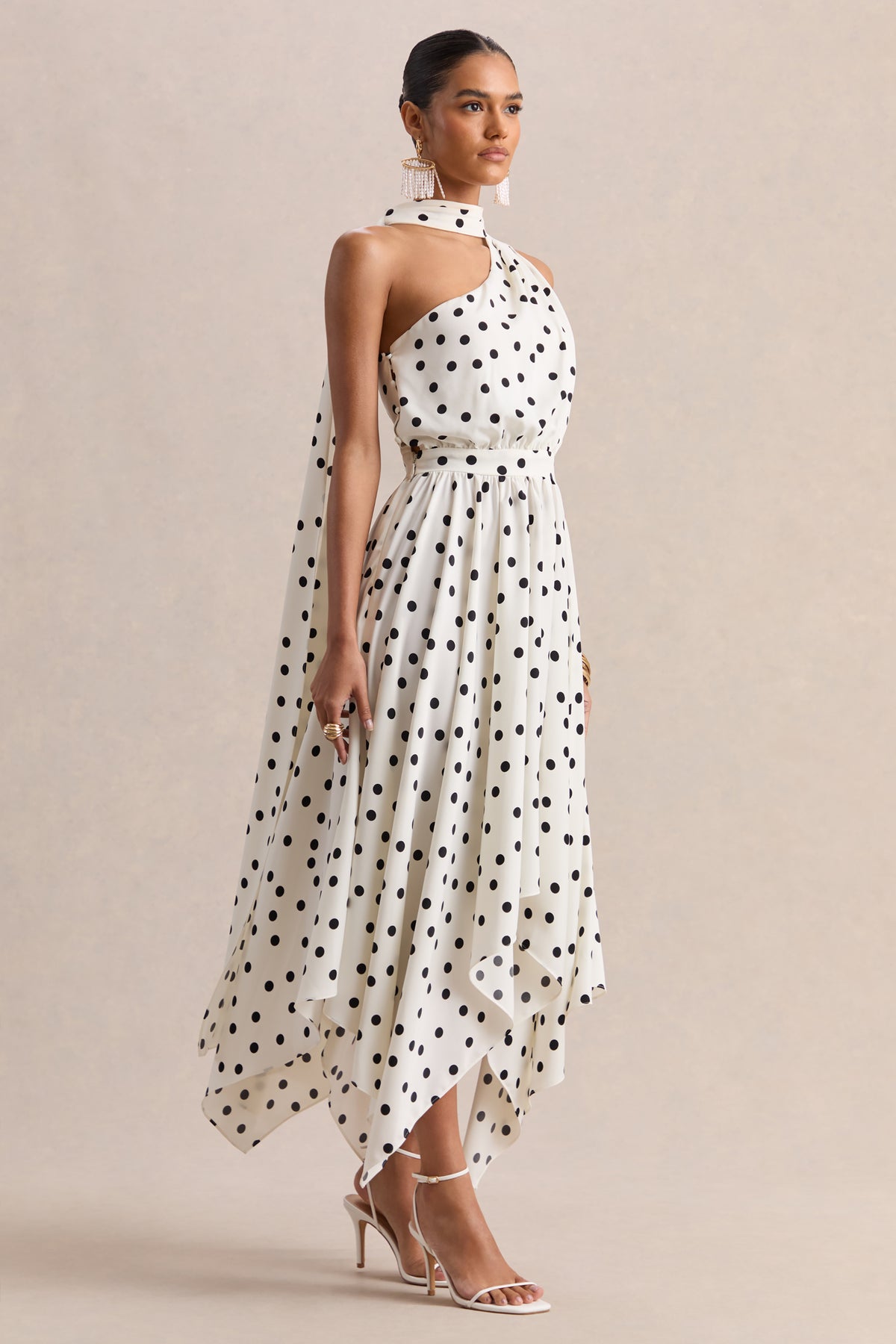 Caluna White And Black Polka Dot Satin Asymmetric-Neck Midi Dress Wi Club L London - UK Caluna White And Black Polka Dot Satin Asymmetric-Neck Midi Dress Wi Club L London - UK