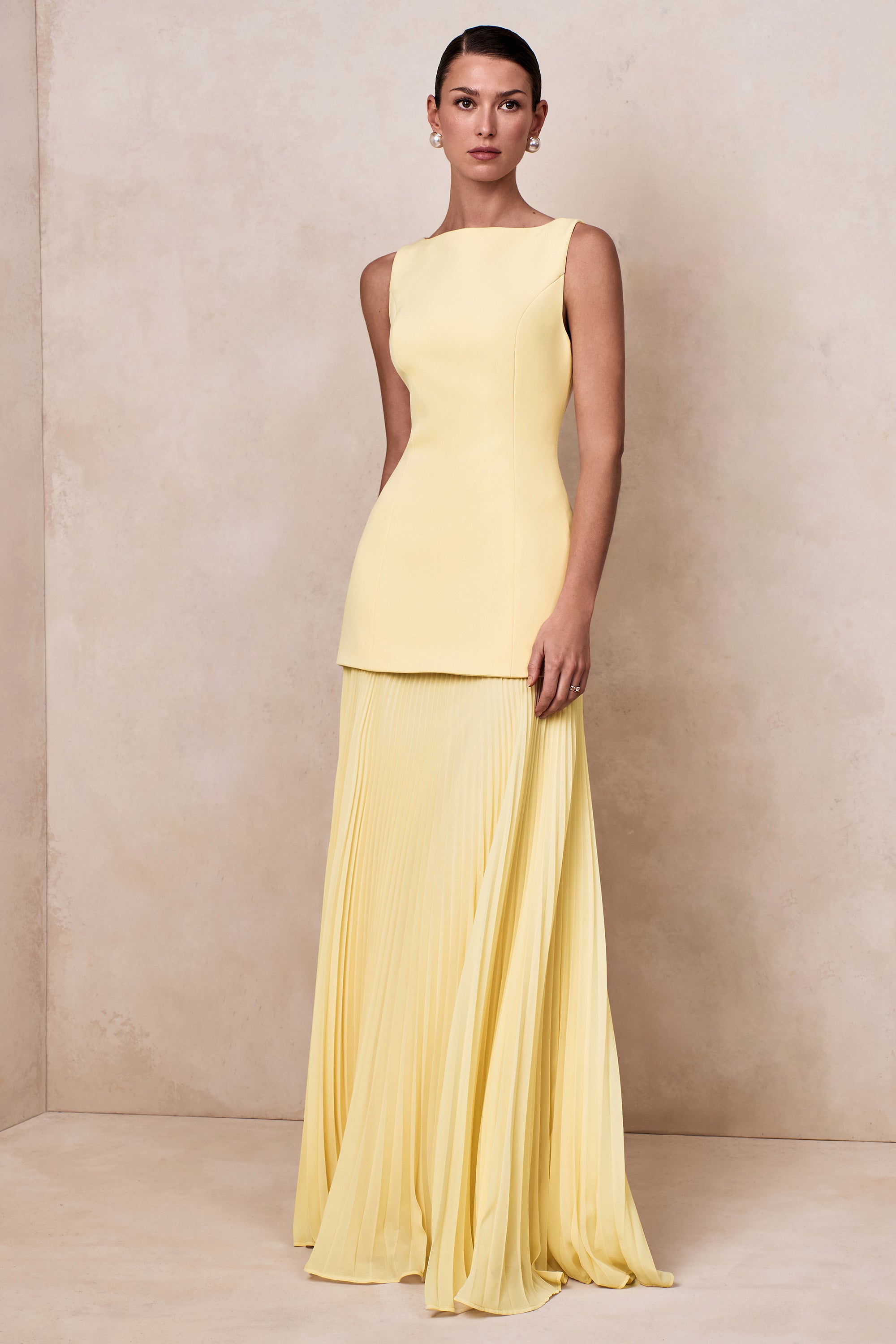 Hadley | Lemon Boat-Neck Maxi Dress With Drop-Waist – Club L London