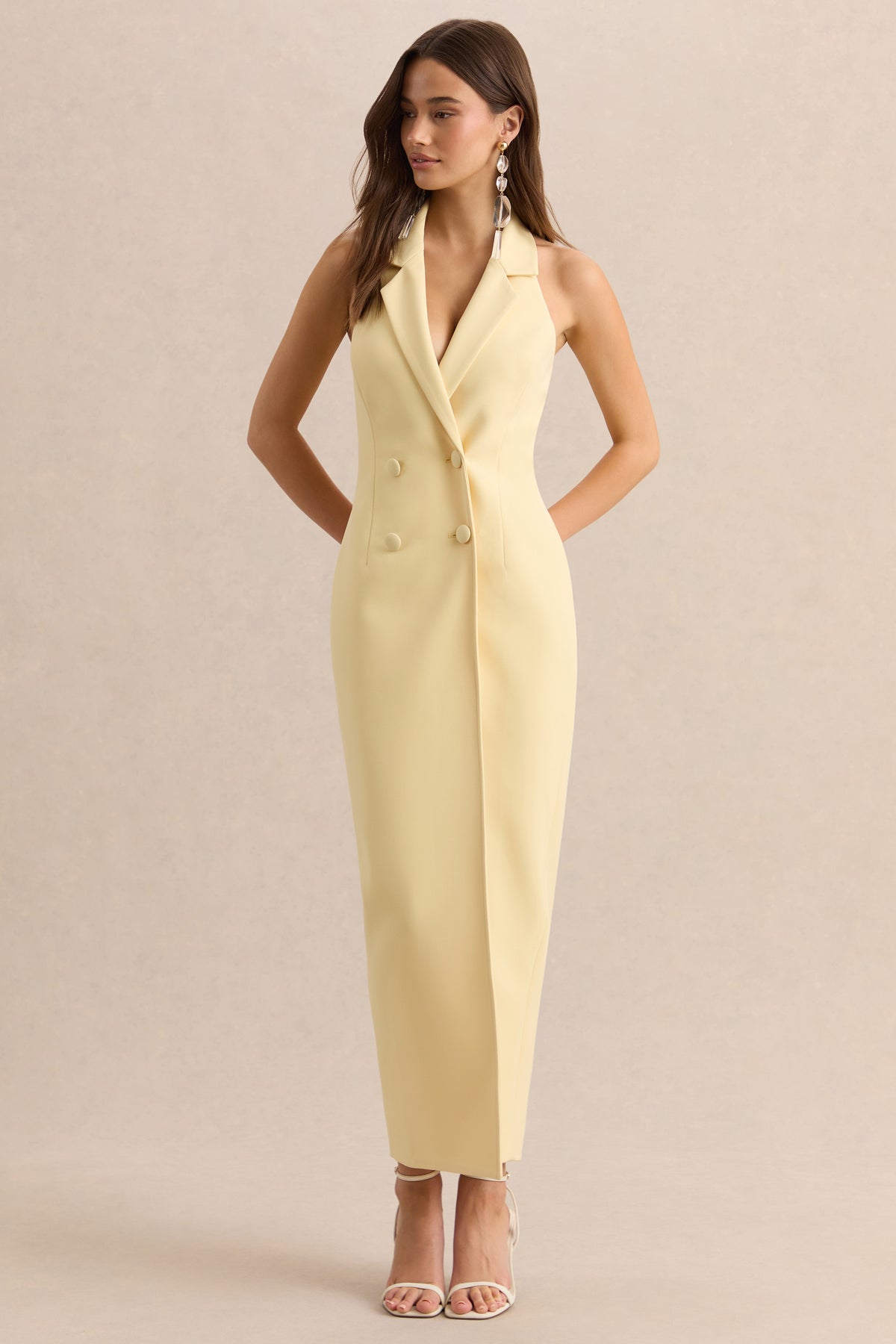 Hana Lemon Plunge-Neck Tailored Maxi Dress – Club L London