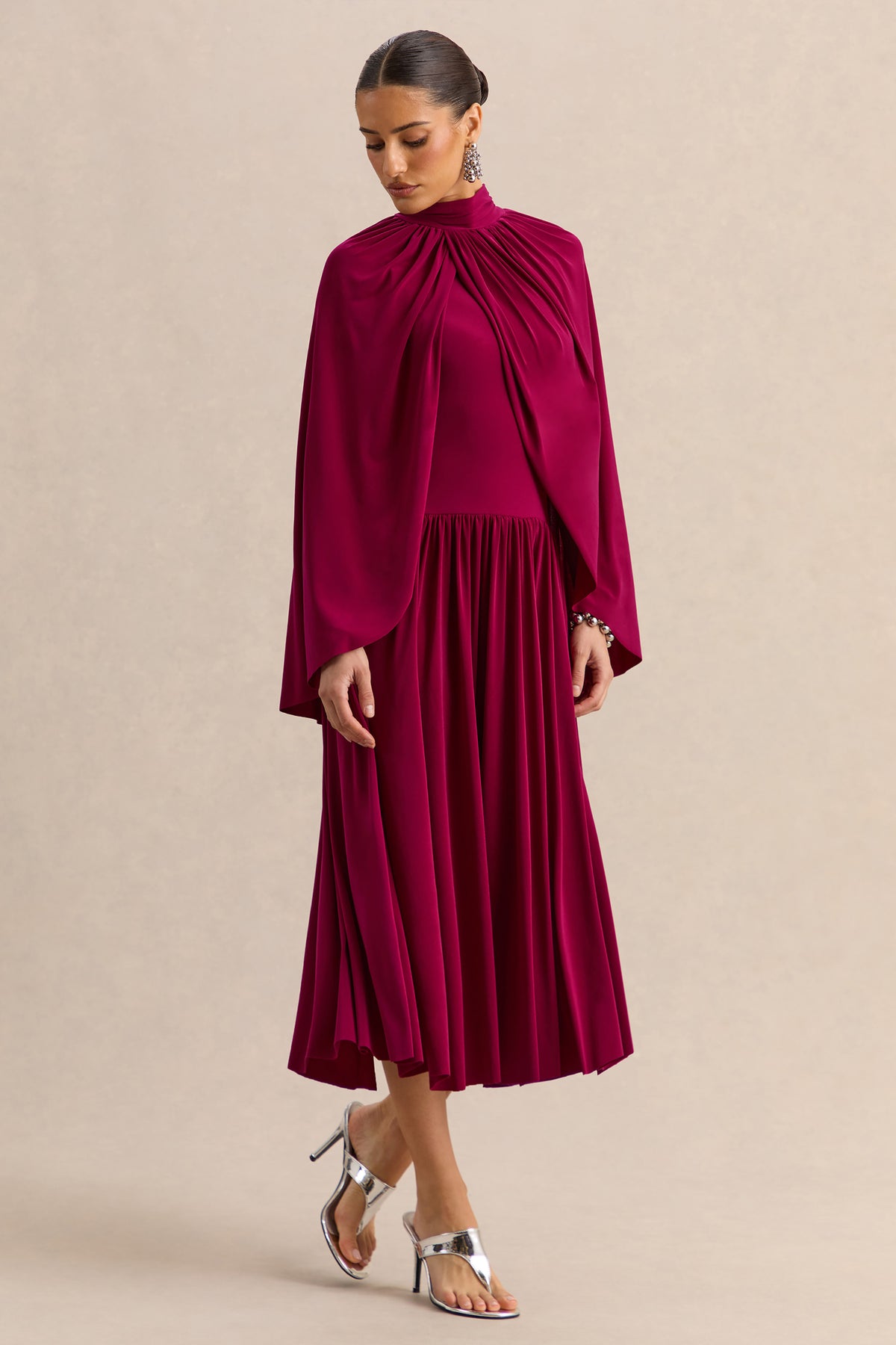 Honora Burgundy High-Neck Midi Dress With Cape-Sleeves – Club L London