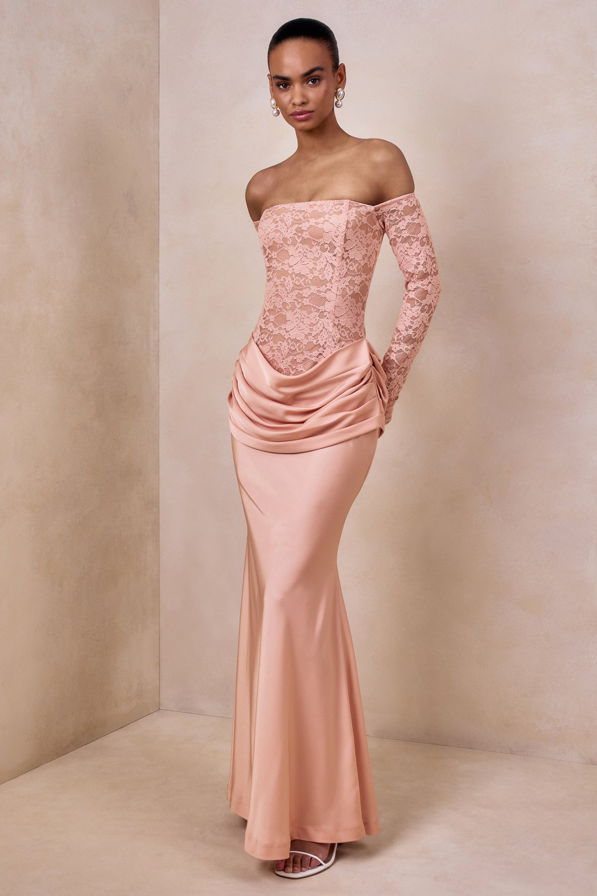 Rinna Pink Lace And Satin Bardot-Neck Maxi Dress – Club L London