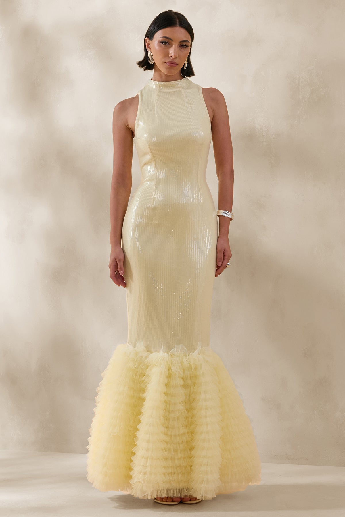 Teila Lemon Sequin High-Neck Fishtail Maxi Dress – Club L London