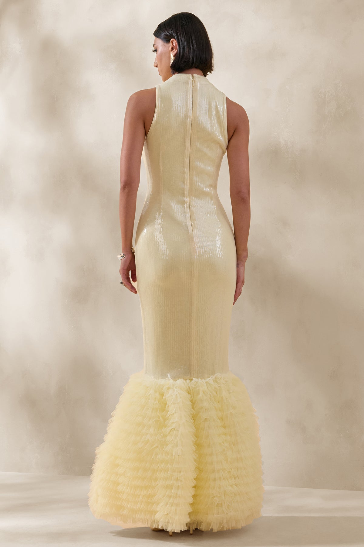 Teila Lemon Sequin High-Neck Fishtail Maxi Dress – Club L London