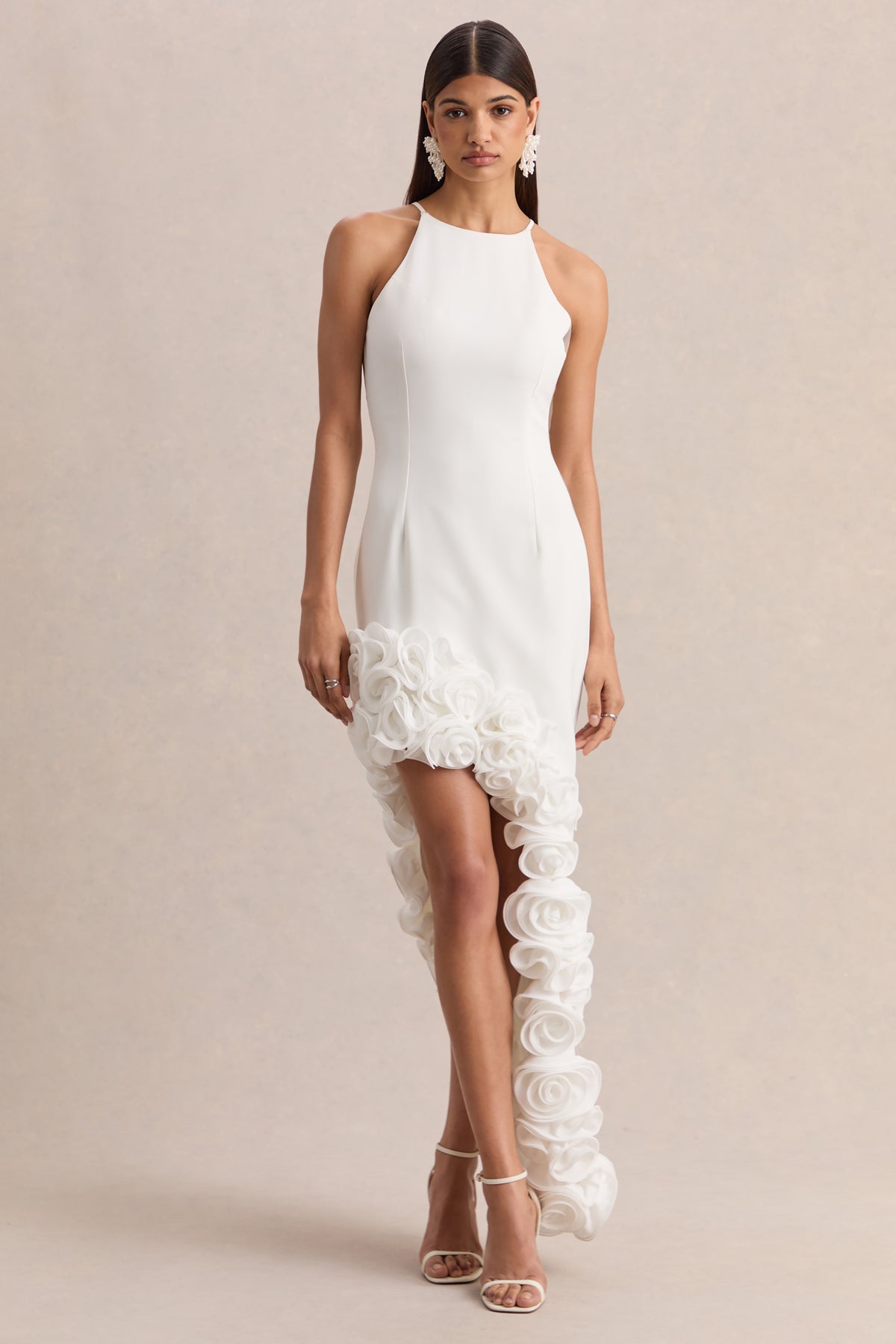 Indira White Halter-Neck Maxi Dress With Asymmetric-Floral Hem Club L London - UK Indira White Halter-Neck Maxi Dress With Asymmetric-Floral Hem Club L London - UK