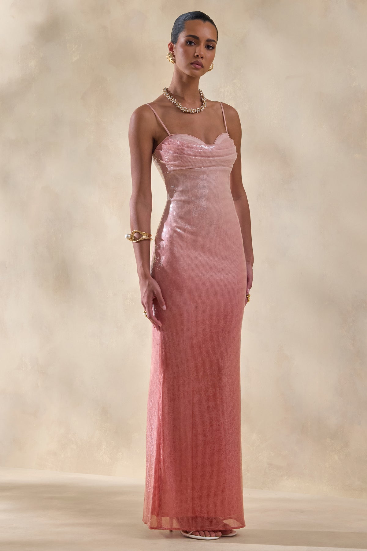 Feloria Coral Ombre Sequin Cowl-Neck Maxi Dress Club L London - UK Feloria Coral Ombre Sequin Cowl-Neck Maxi Dress Club L London - UK