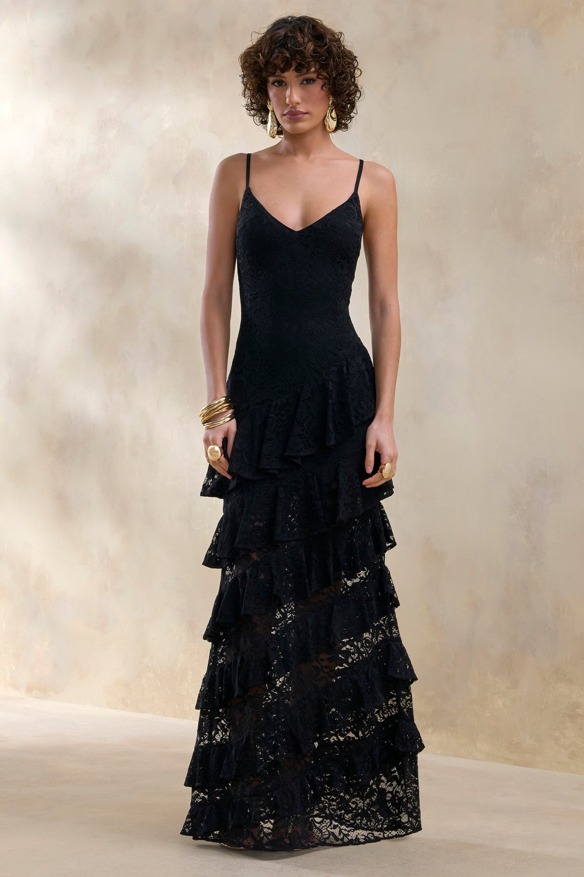 Avelisse Black Lace Plunge-Neck Maxi Dress With Ruffled Detailing Club L London - UK Avelisse Black Lace Plunge-Neck Maxi Dress With Ruffled Detailing Club L London - UK