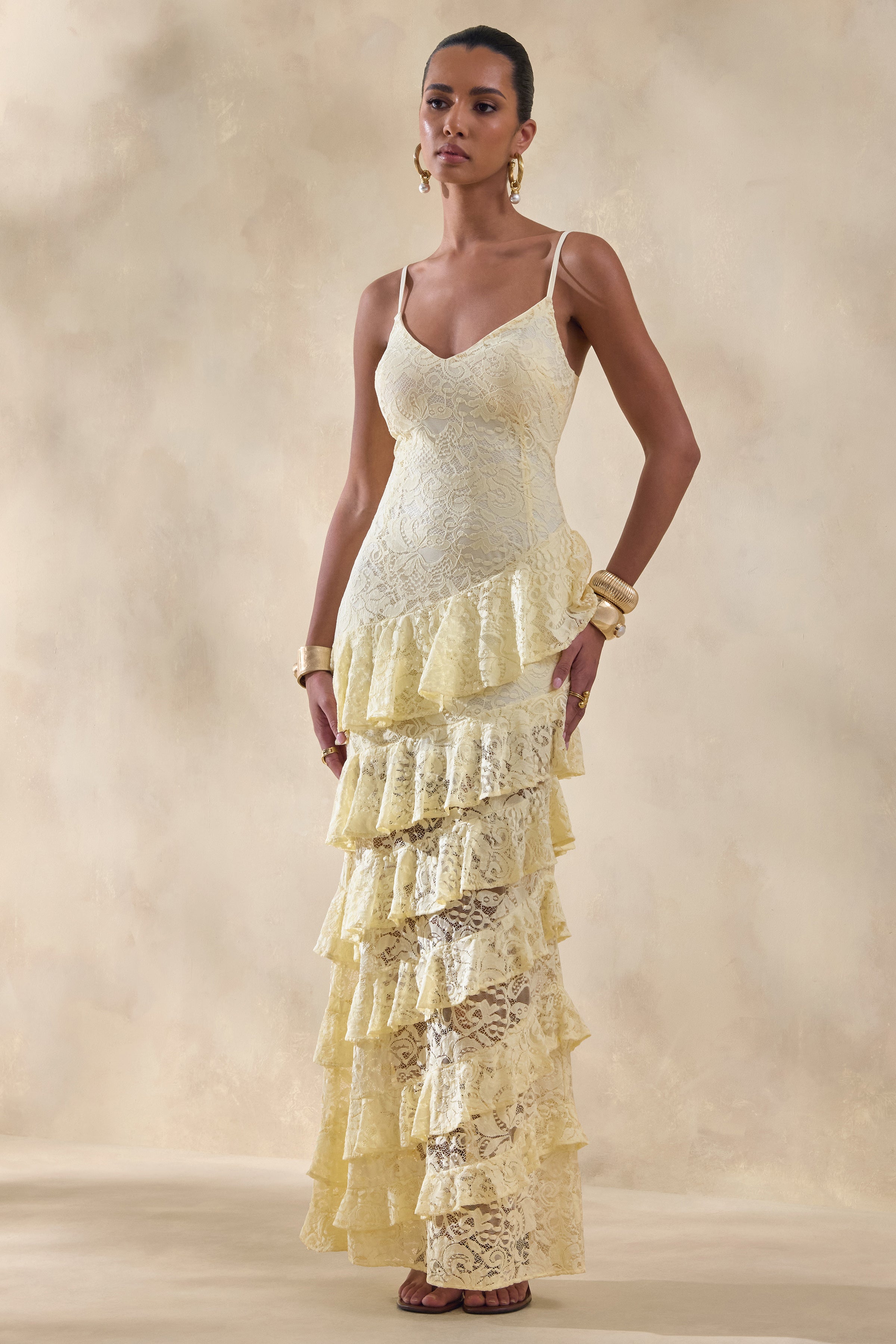 Avelisse | Lemon Lace Plunge-Neck Maxi Dress With Ruffled