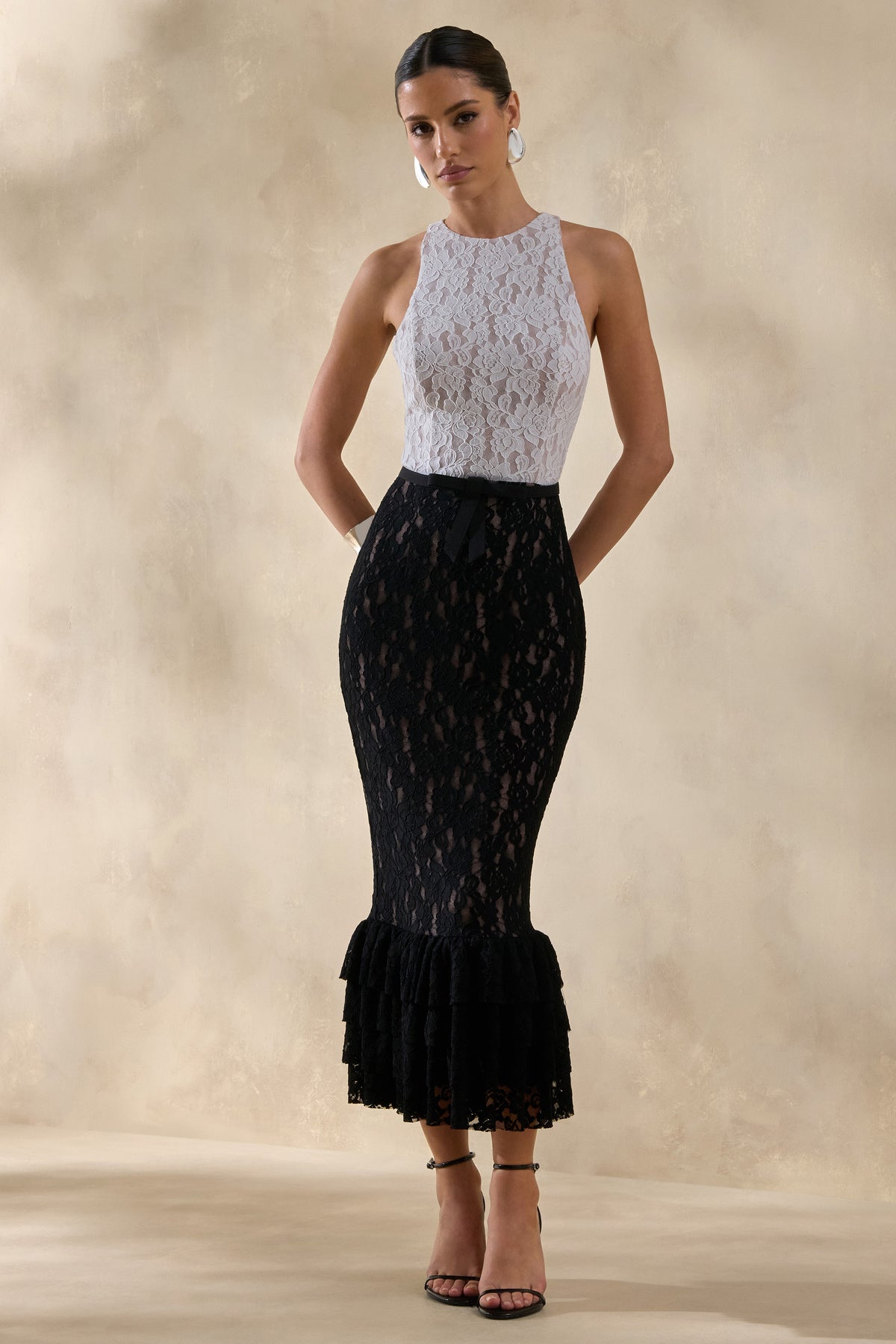 Vionna Black And White Lace High-Neck Midi Dress With Bow-Belt Detai
