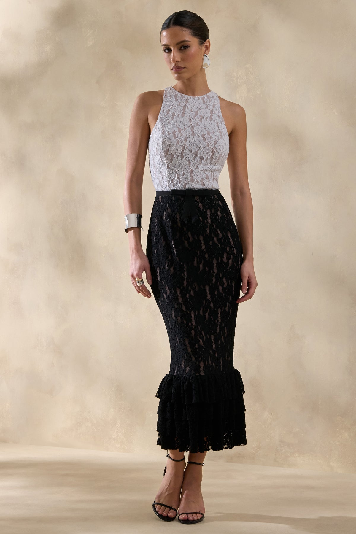 Vionna Black And White Lace High-Neck Midi Dress With Bow-Belt Detai