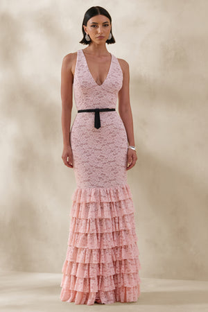 Isoria | Pink And Black Lace Halter-Neck Maxi Dress With Bow-Belt Deta – Club L London