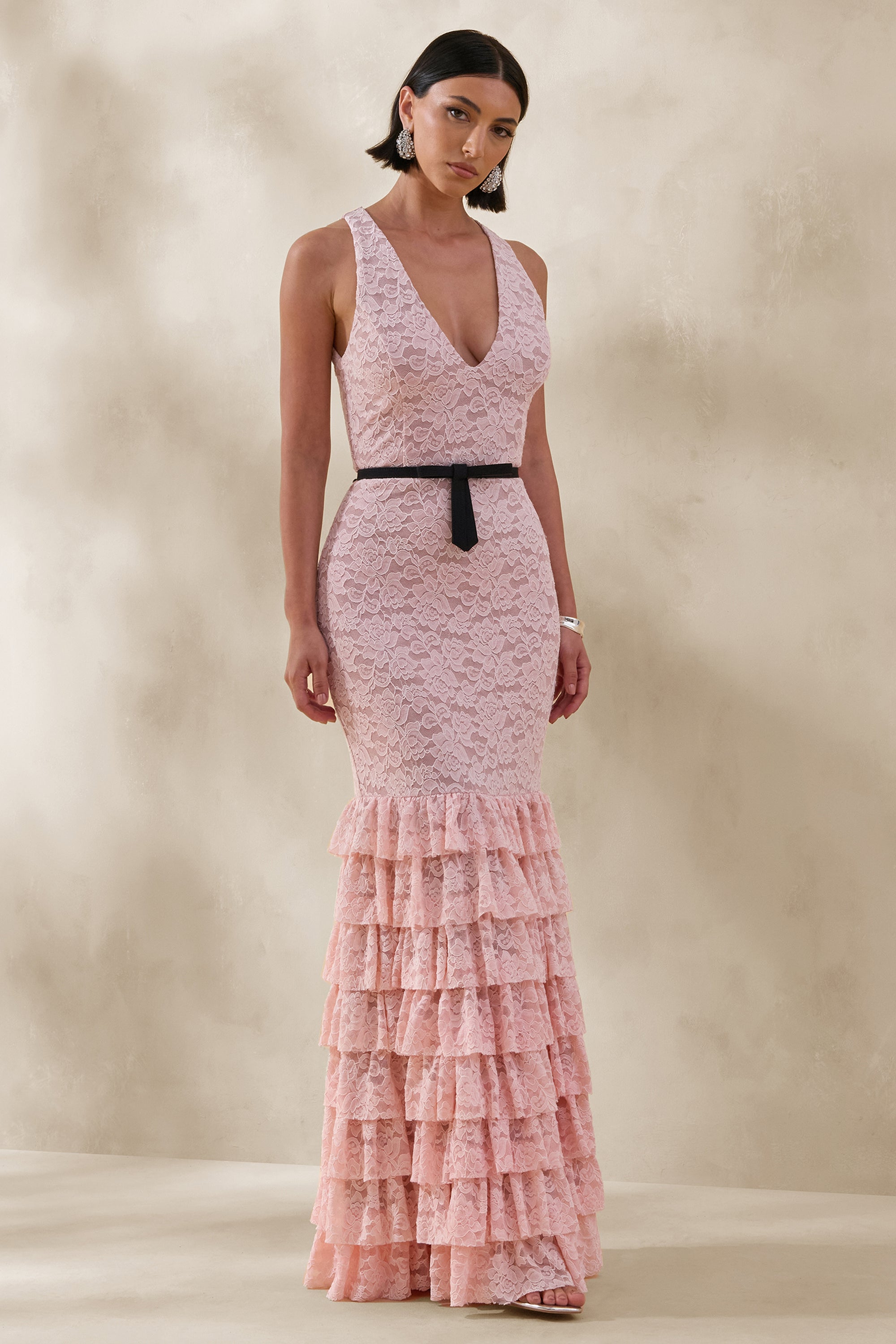 Isoria | Pink And Black Lace Halter-Neck Maxi Dress With Bow-Belt Deta – Club L London