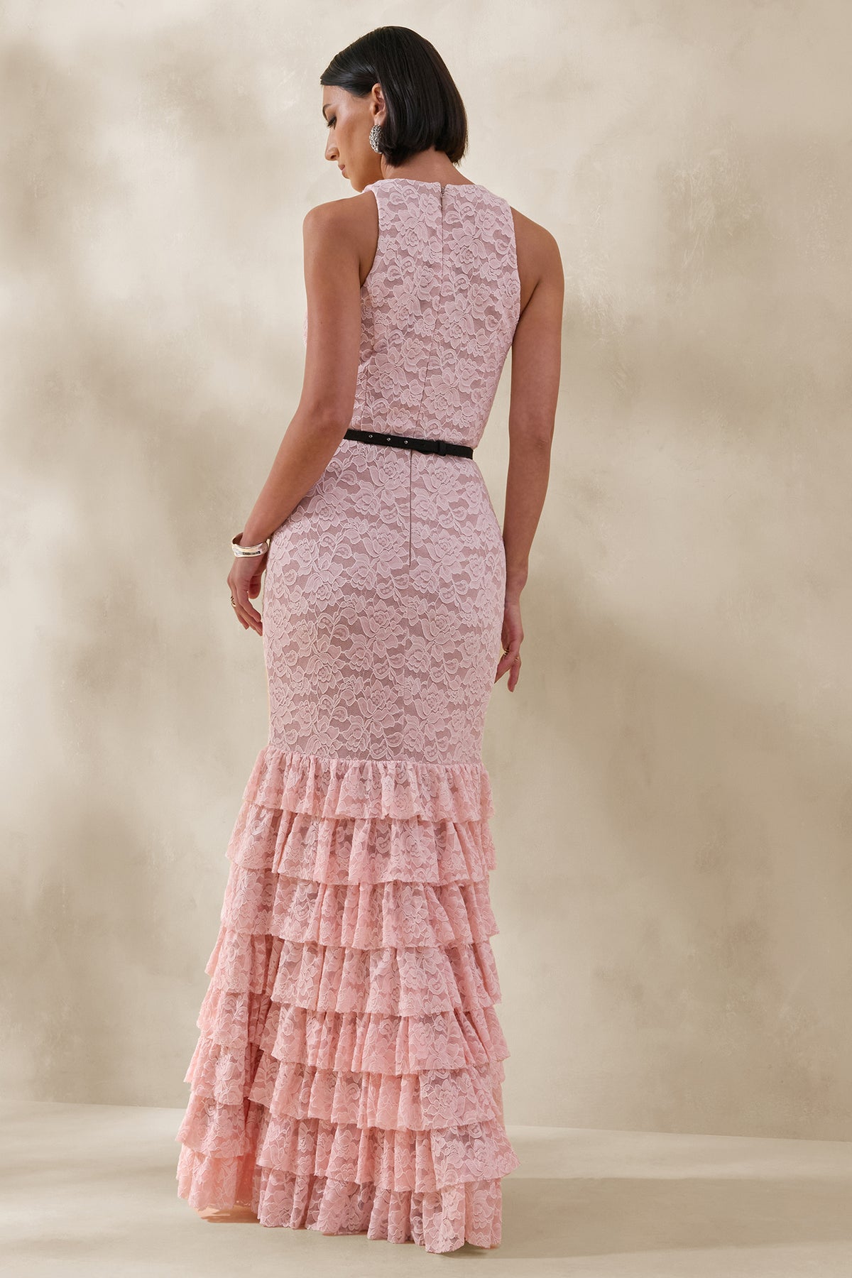 Isoria Pink And Black Lace Halter-Neck Maxi Dress With Bow-Belt Deta  Club  L London - UK