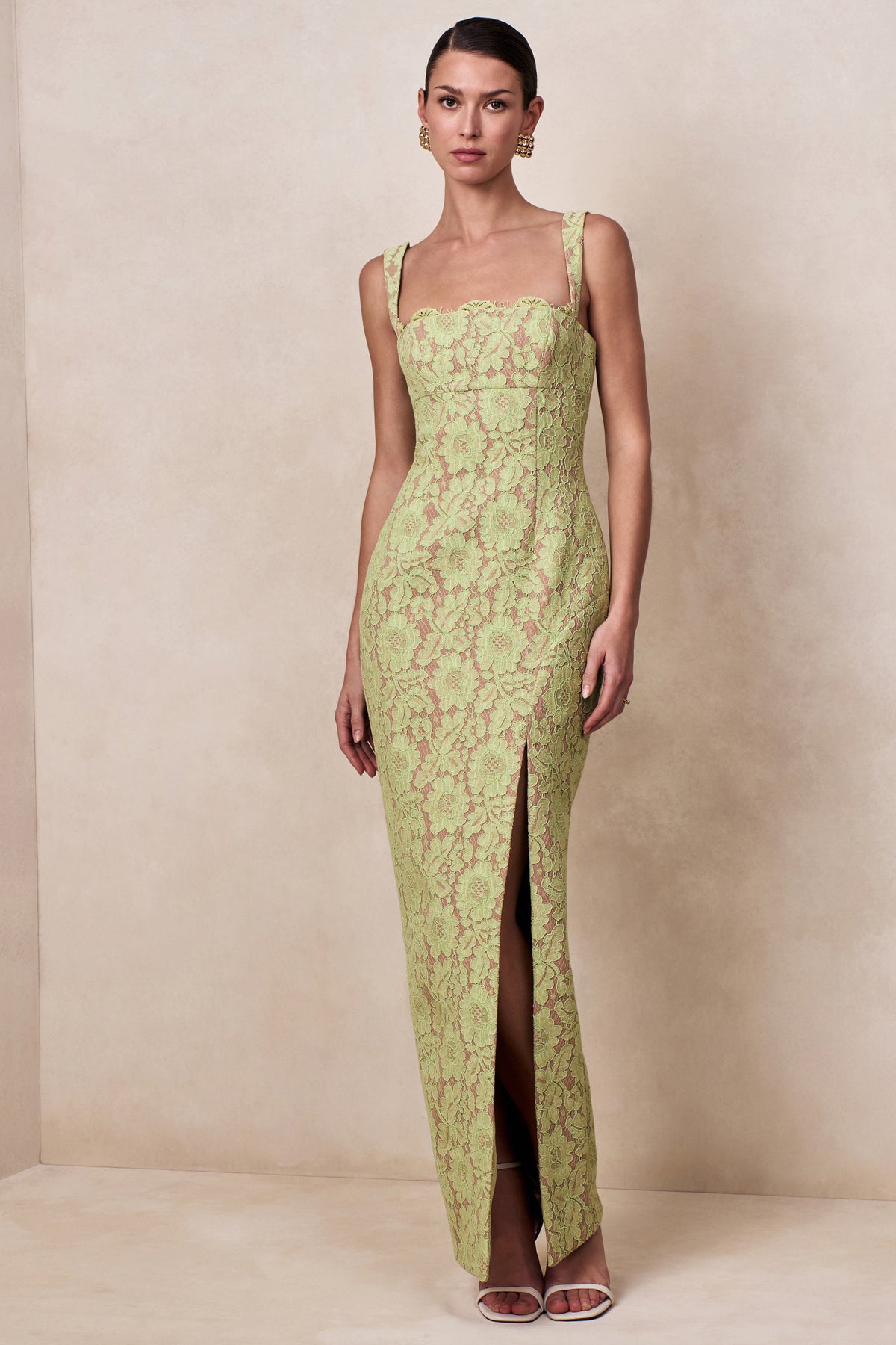 Zarisse Green Lace Square-Neck Maxi Dress Club L London - UK Zarisse Green Lace Square-Neck Maxi Dress Club L London - UK