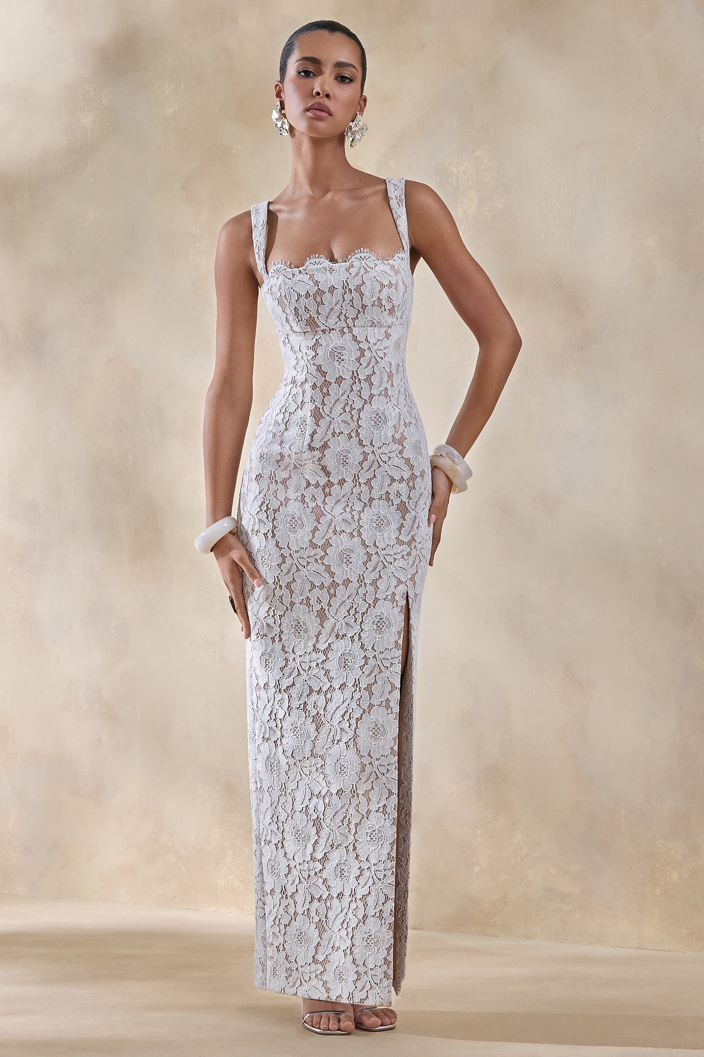 Zarisse | White Lace Square Neck Maxi Dress With Split – Club L