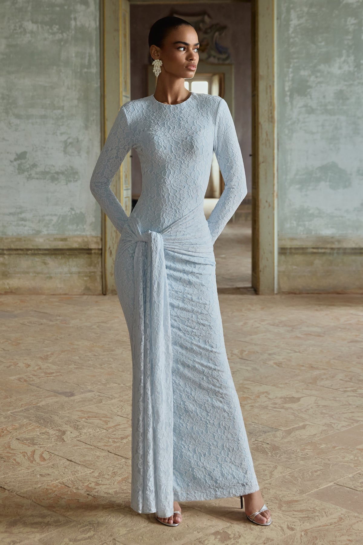 Evangela Powder Blue Lace Crew-Neck Maxi Dress With Wrap-Detail Club L London - UK Evangela Powder Blue Lace Crew-Neck Maxi Dress With Wrap-Detail Club L London - UK