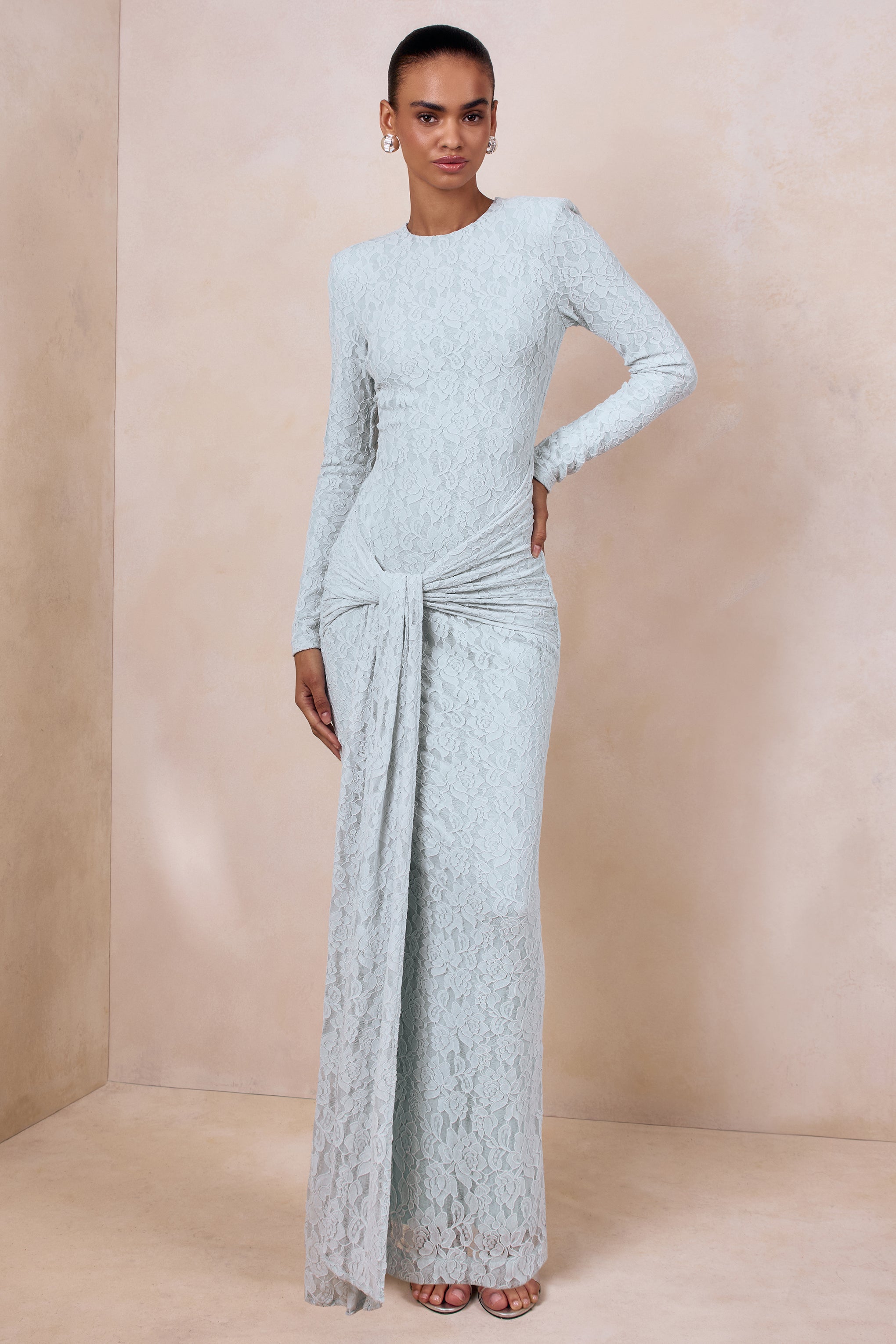 Evangela | Powder Blue Lace Crew-Neck Maxi Dress With Wrap-Detail