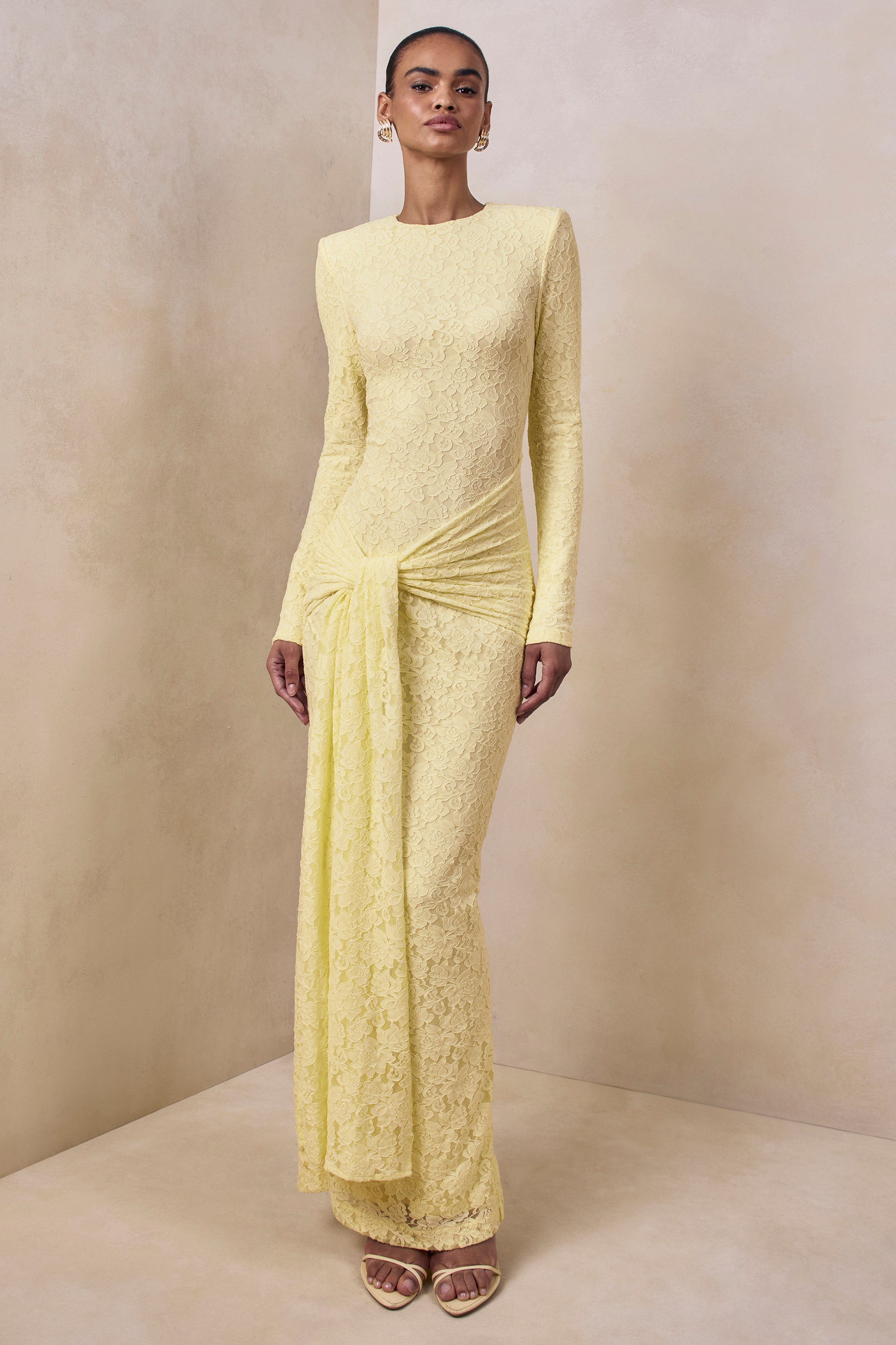 Evangela | Lemon Lace Crew-Neck Maxi Dress With Wrap-Detail – Club
