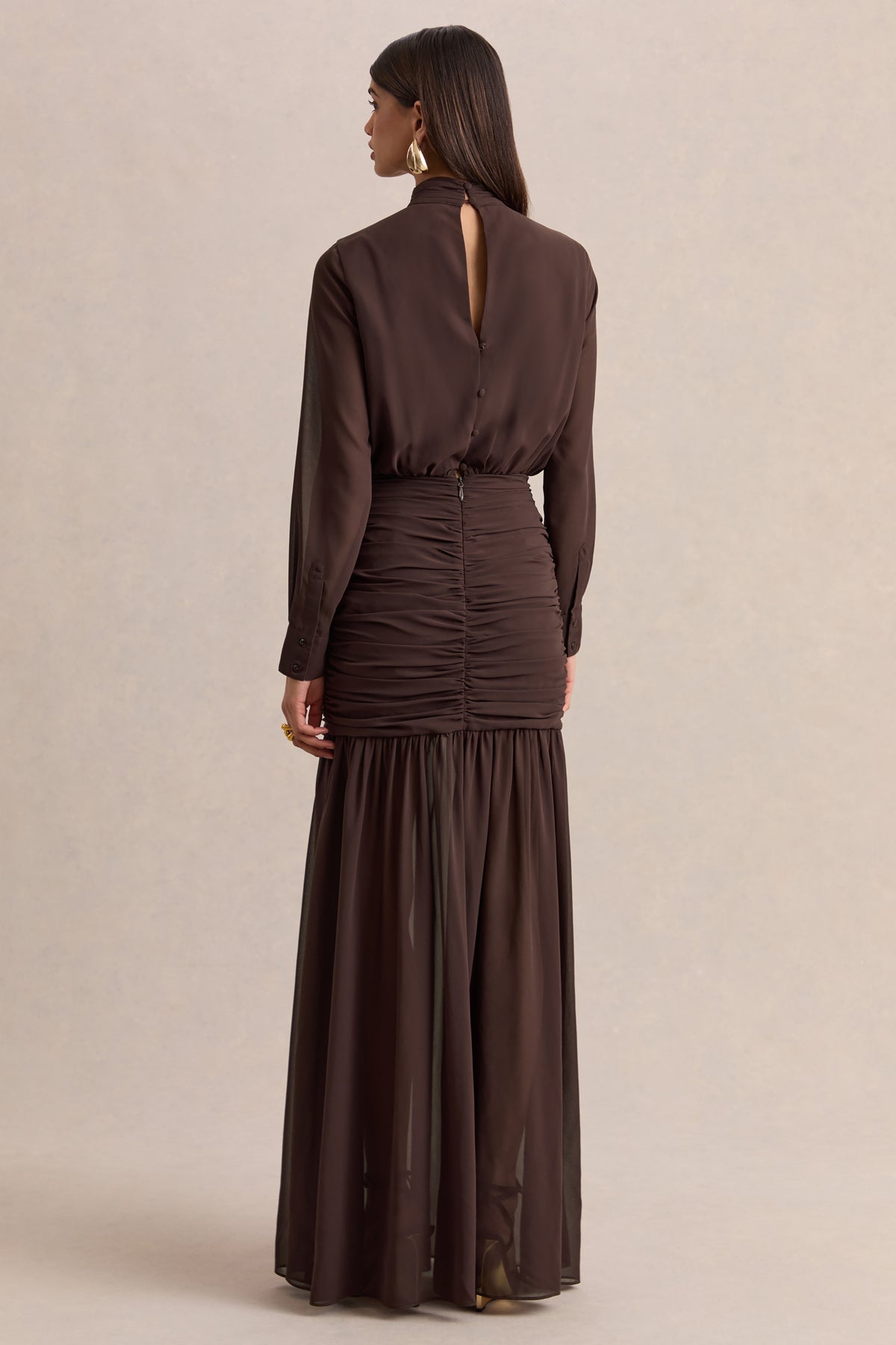 Zella Brown High-Neck Maxi Dress With Sheer-Skirt – Club L London