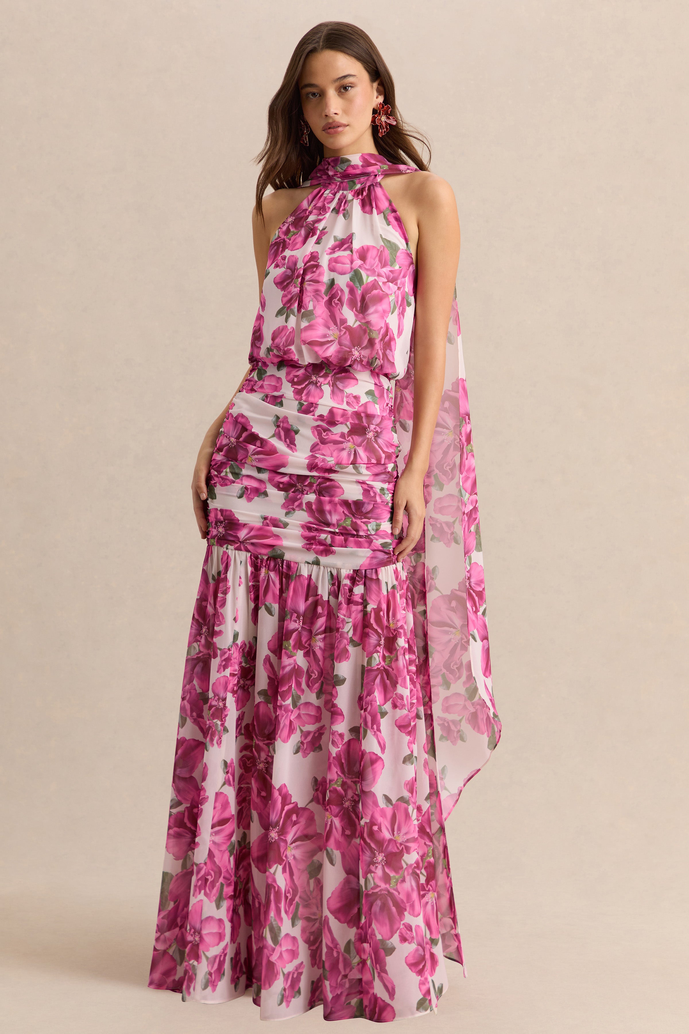 Veronique | Pink Hibiscus Floral Halter-Neck Maxi Dress – Club L