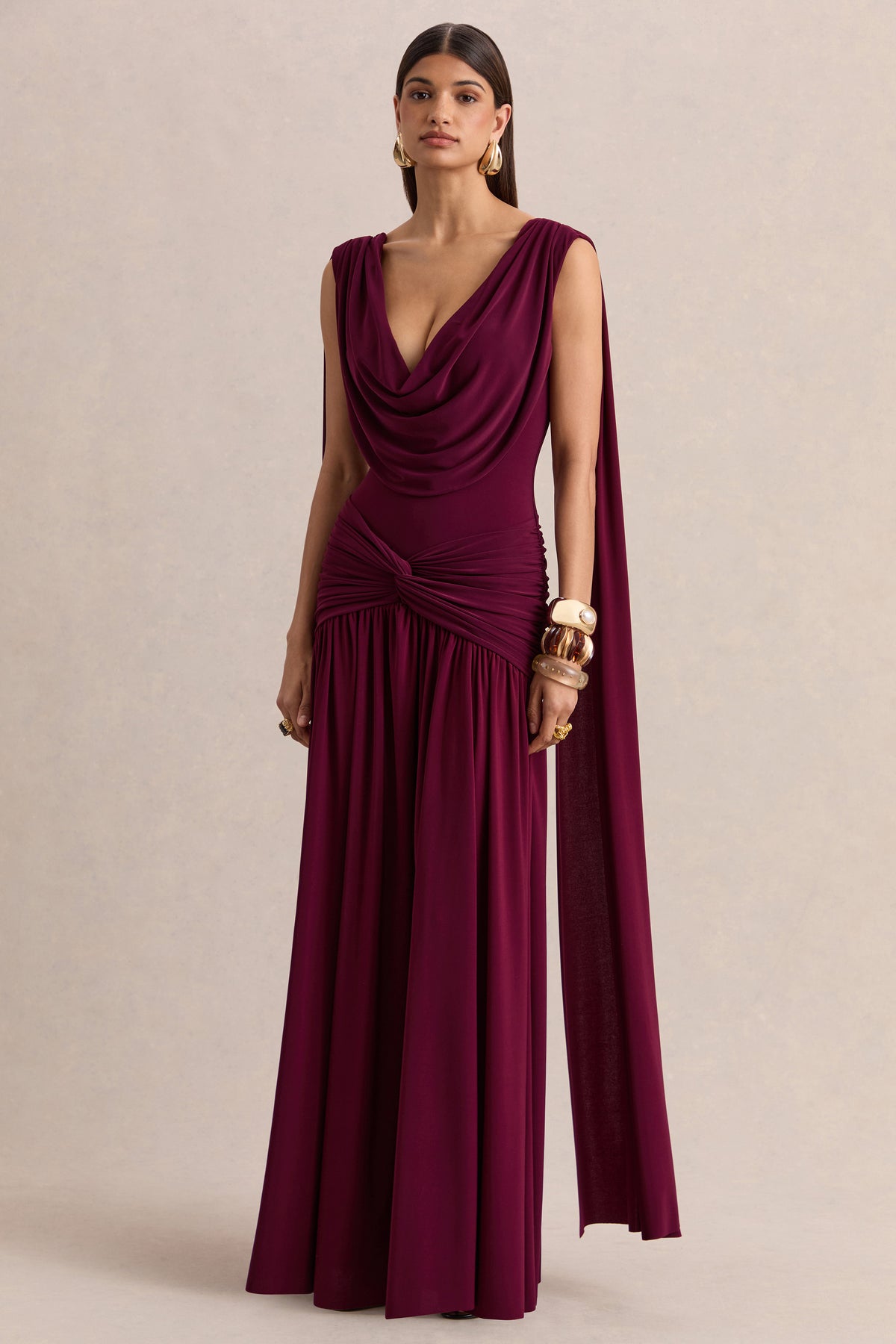 ECM_HR_CL137299102 - Amelisse _ Burgundy Plunge-Neck Maxi Dress With Ruched-Detailing 01_H.jpg