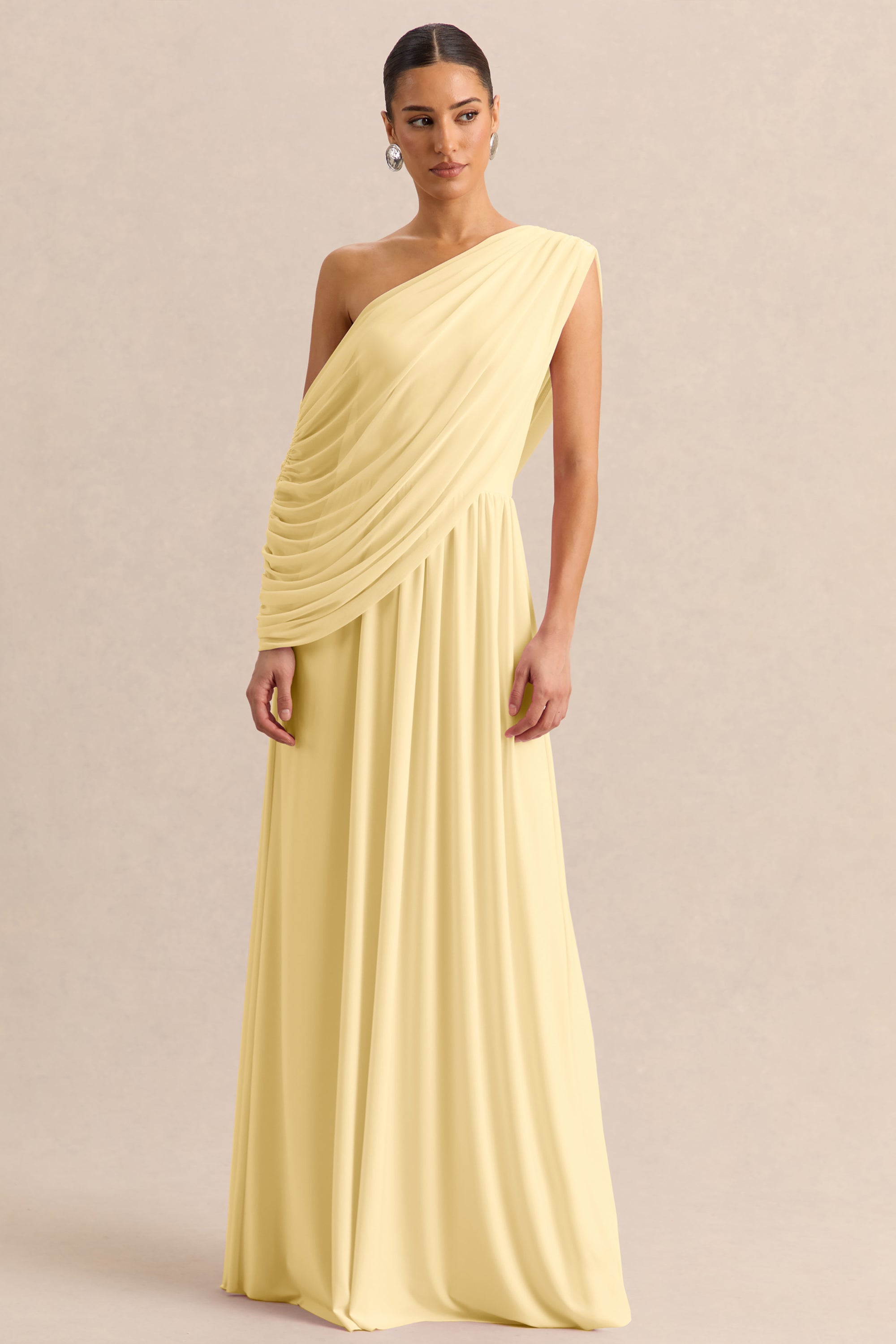 lemon maxi dress uk Starling | Lemon Matte Satin Plunge-Neck Maxi Dress With Scarf-Detail Club L London