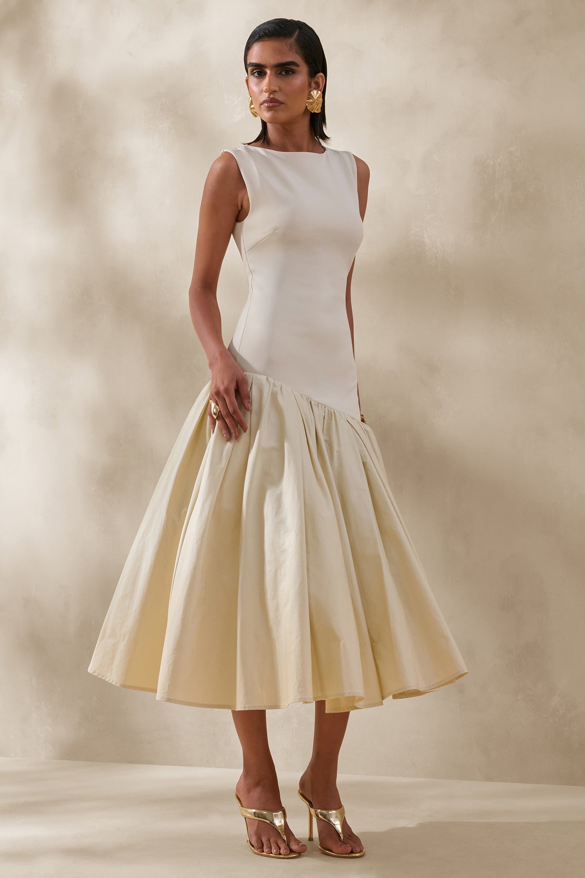 Fantasia Cream Boat-Neck Midi Dress With Asymmetric Drop-Waist – Club L  London