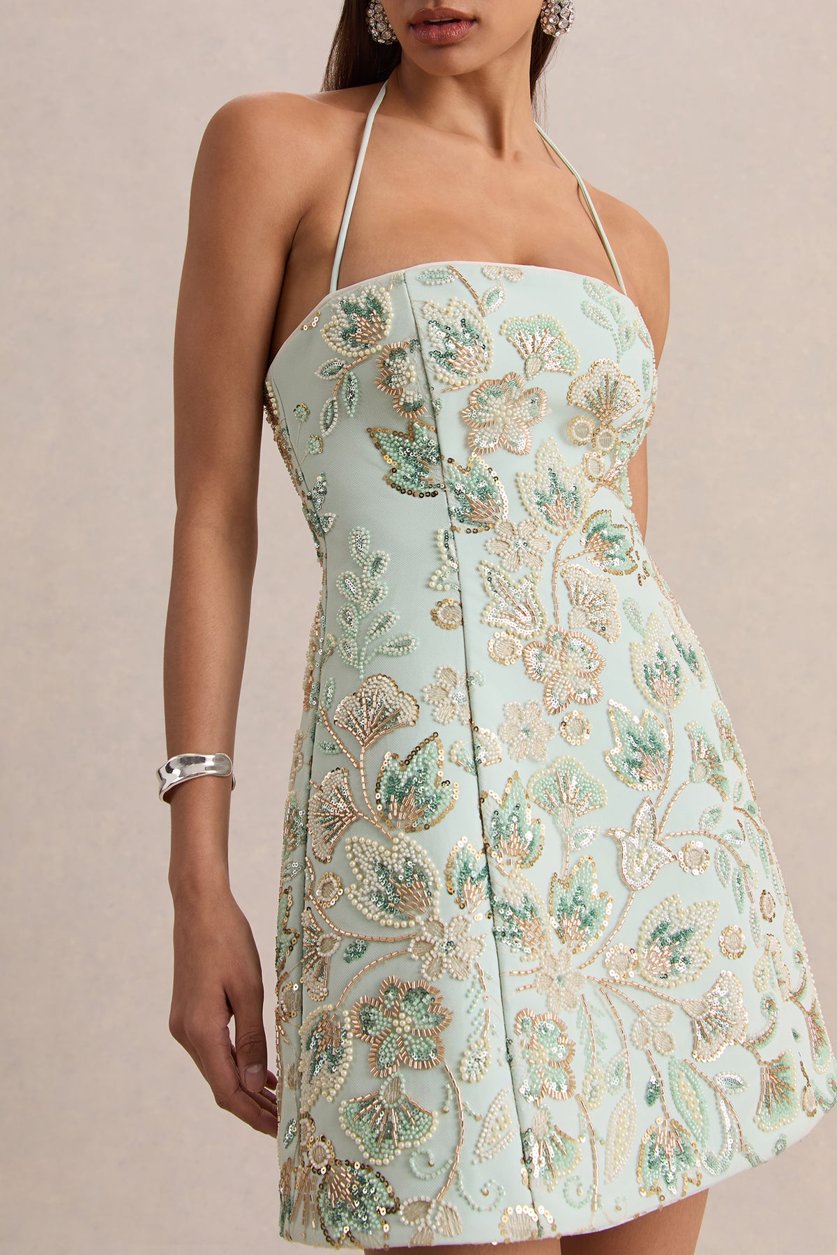 sachin and babi light blue dress V. Chapman Scarlette Halter Embellished Corset Organza Maxi Dress at  MarketFair Shoppes in Princeton, NJ main image 1
