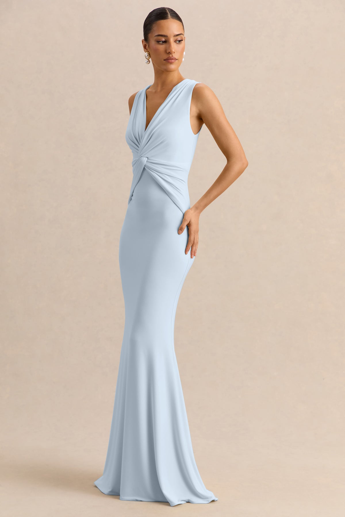 Holly Powder Blue Plunge-Neck Maxi Dress With Twist-Detail Club L London - UK Holly Powder Blue Plunge-Neck Maxi Dress With Twist-Detail Club L London - UK