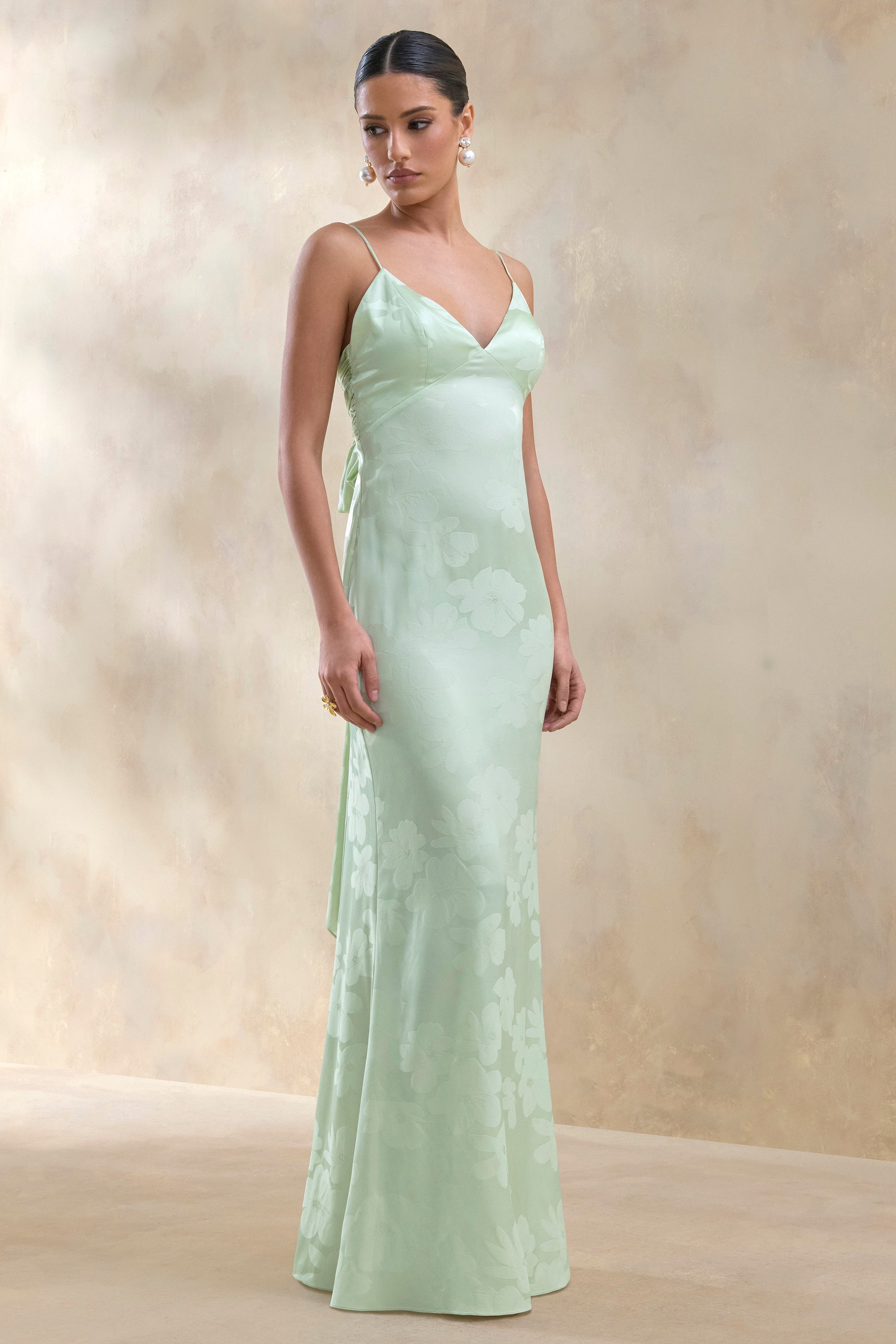 Carelle | Green Satin Plunge-Neck Maxi Dress With Asymmetric Drop-Wais – Club L London