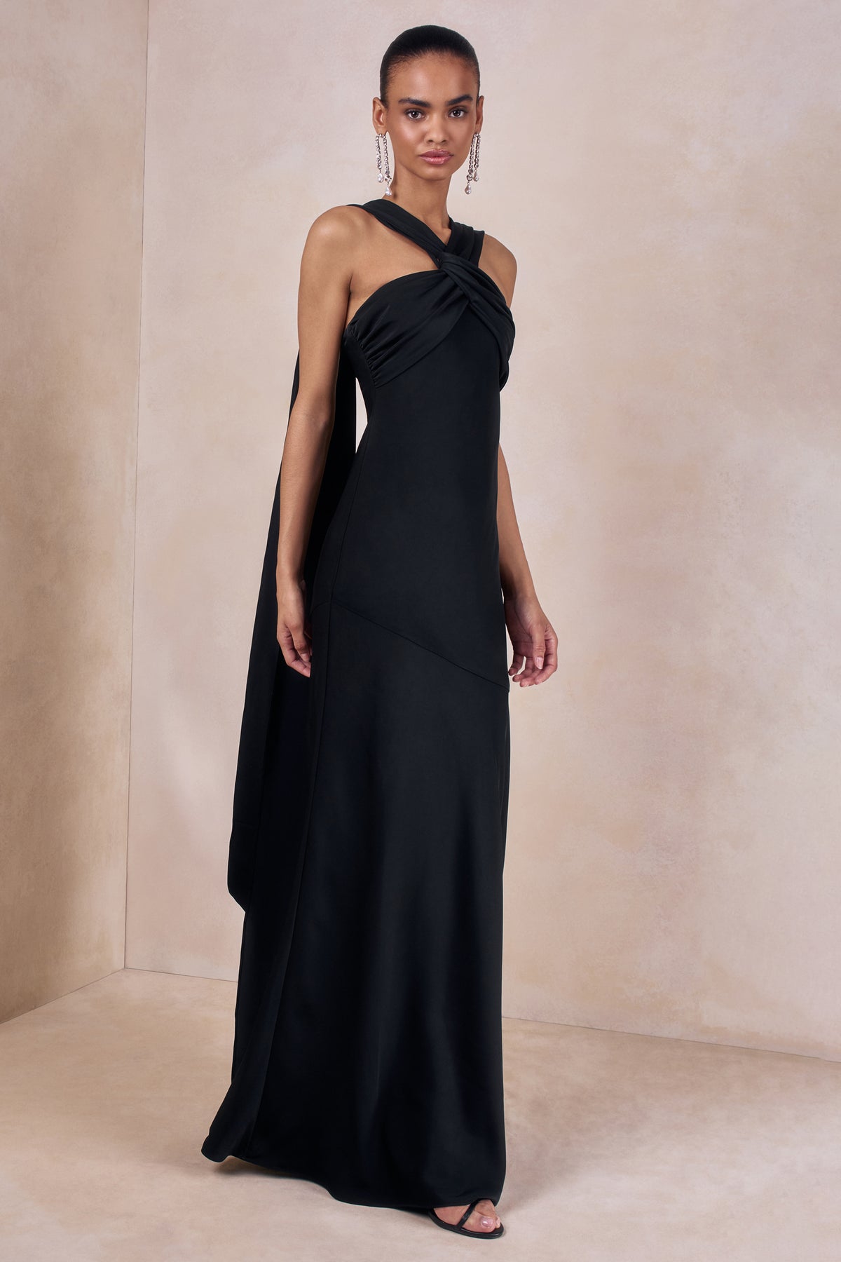 Sloane Black Matte Satin Halter-Neck Maxi Dress With Cape Club L London - UK Sloane Black Matte Satin Halter-Neck Maxi Dress With Cape Club L London - UK