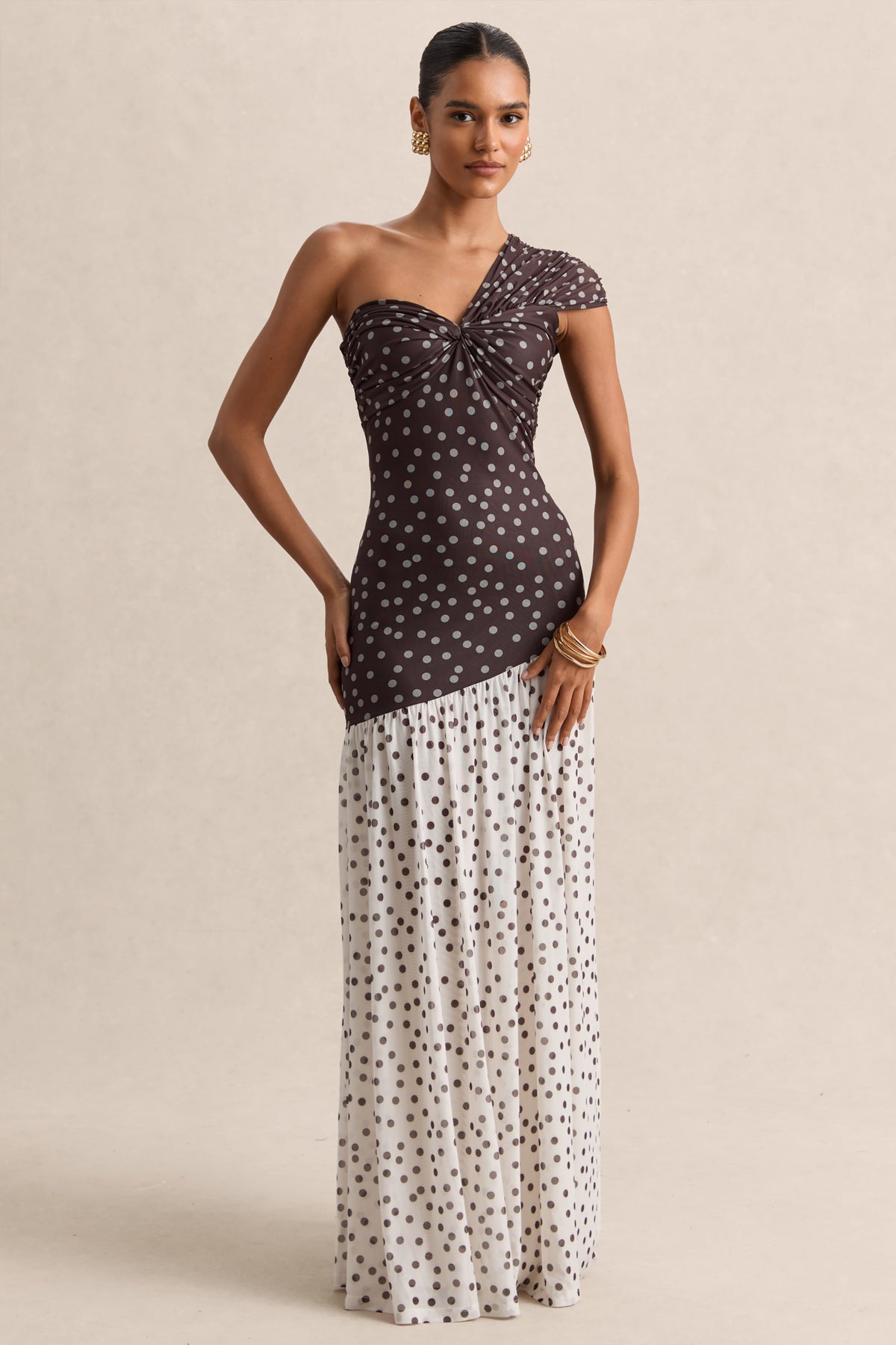 Motira Brown Polka-Dot Asymmetric-Neck Maxi Dress With Asymmetric Dr  Club  L London - UK