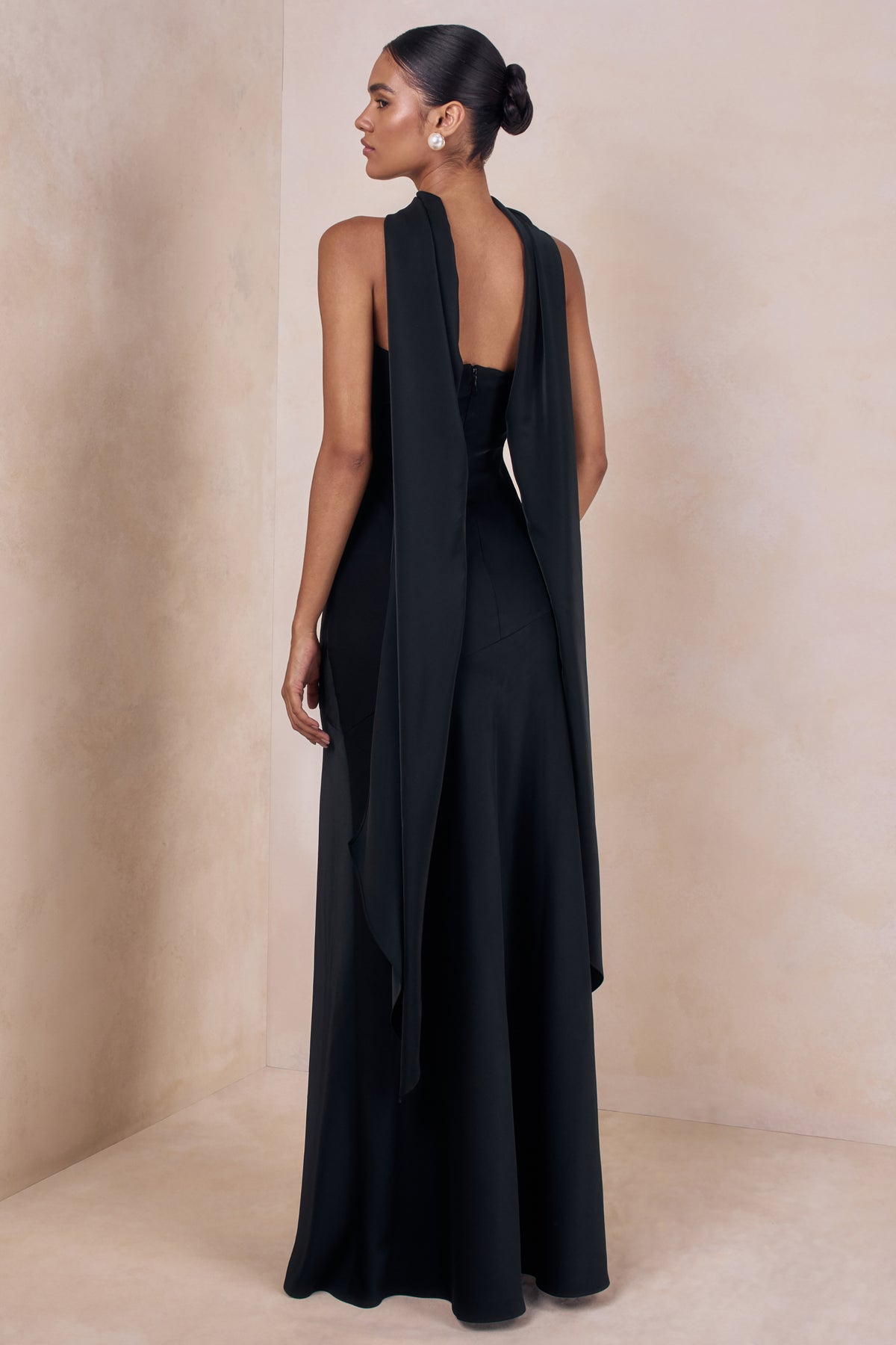 Charly Black Matte Satin Bandeau Maxi Dress With Scarf-Detail Club L London - UK Charly Black Matte Satin Bandeau Maxi Dress With Scarf-Detail Club L London - UK