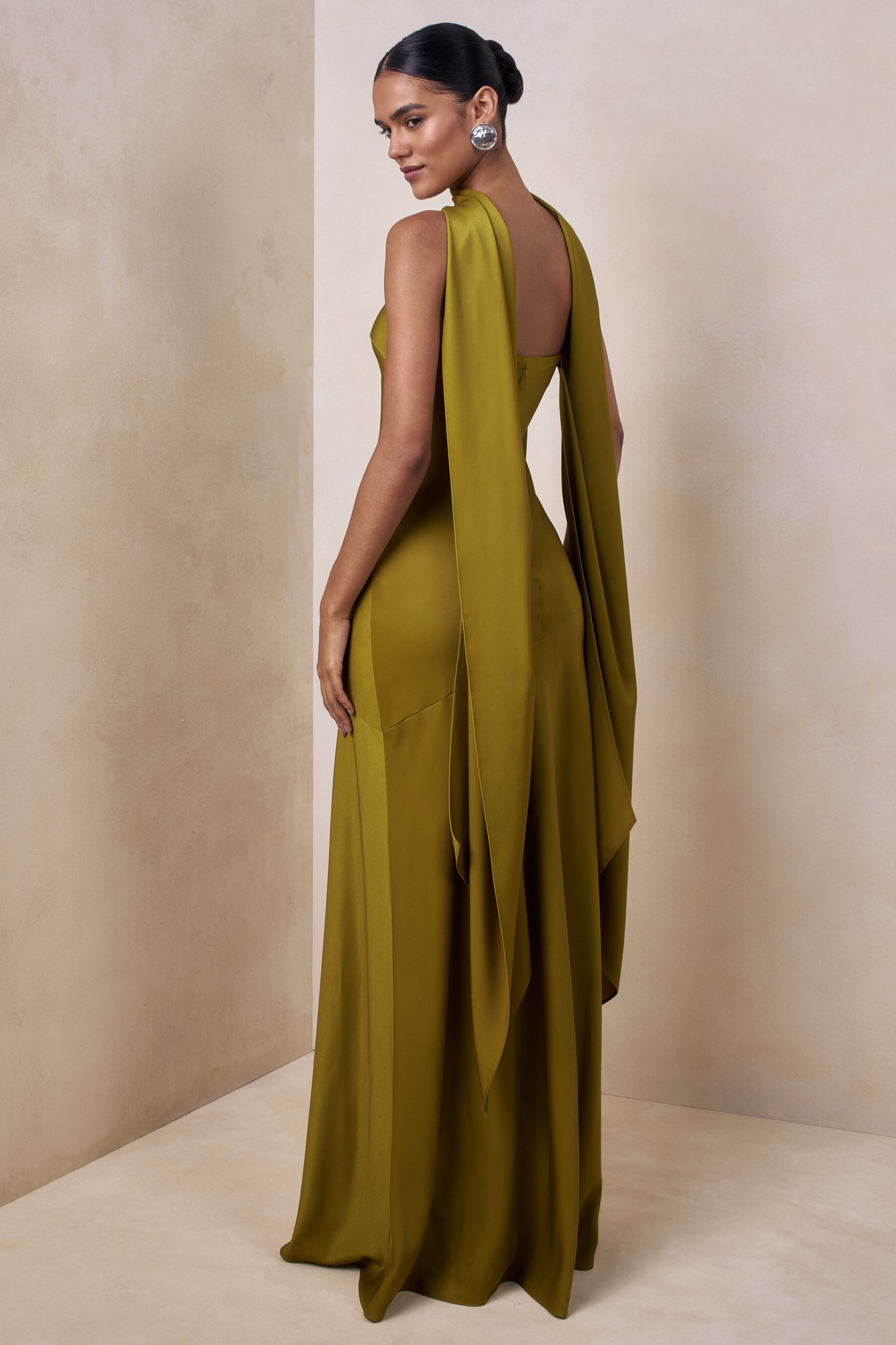 Charly | Olive Matte Satin Bandeau Maxi Dress With Scarf-Detail – Club L London
