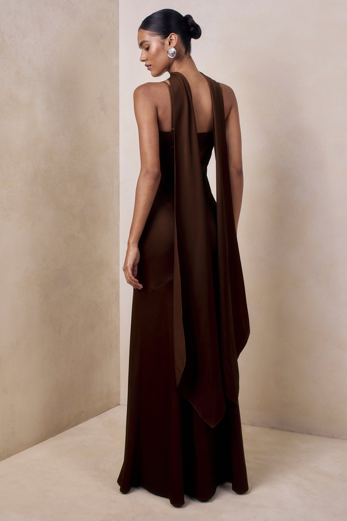 Starling Brown Matte Satin Plunge-Neck Maxi Dress With Scarf-Detail Club L London - UK Starling Brown Matte Satin Plunge-Neck Maxi Dress With Scarf-Detail Club L London - UK